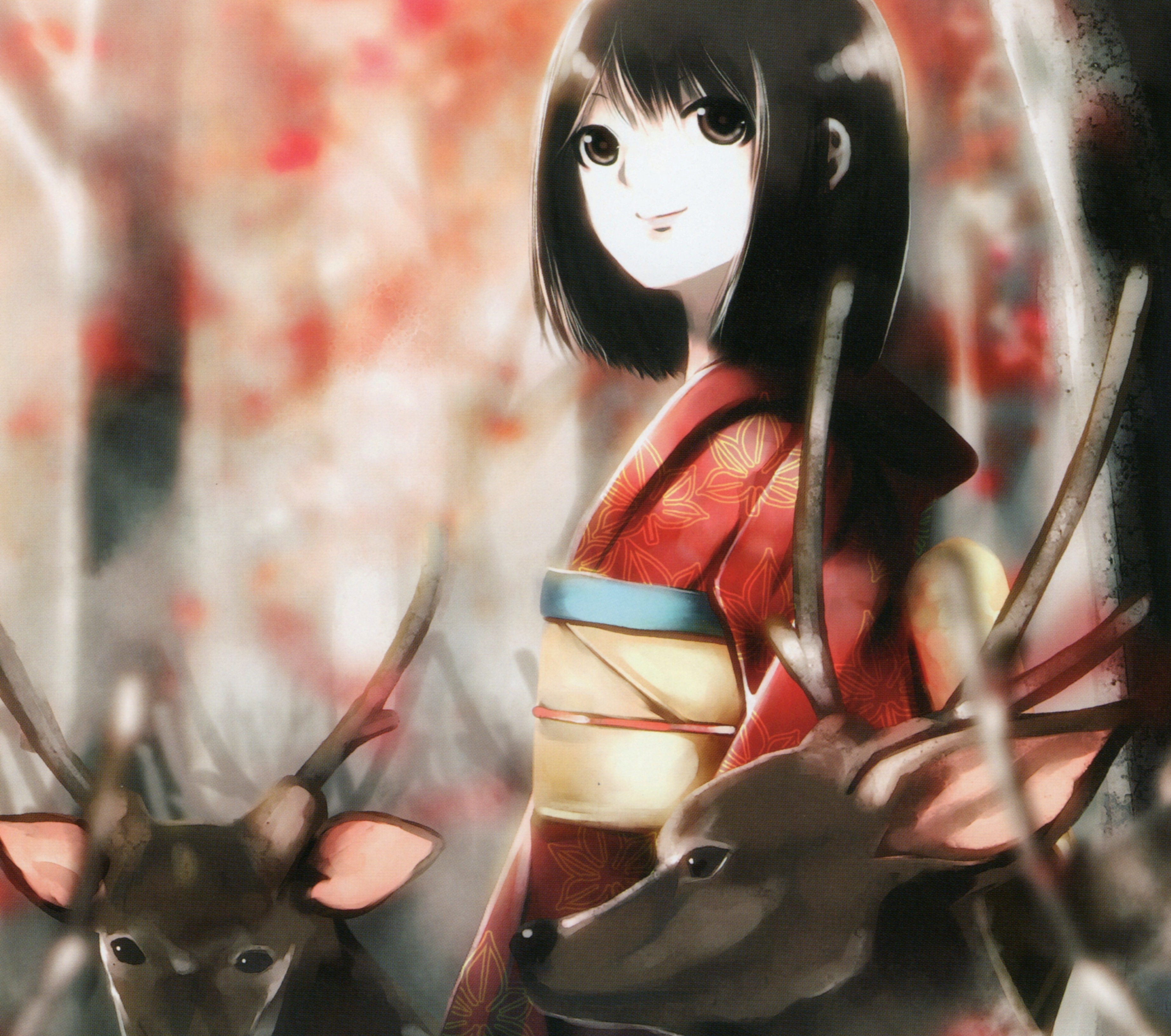 Free download wallpaper Anime, Smile, Deer, Kimono, Original, Black Hair, Short Hair, Black Eyes on your PC desktop