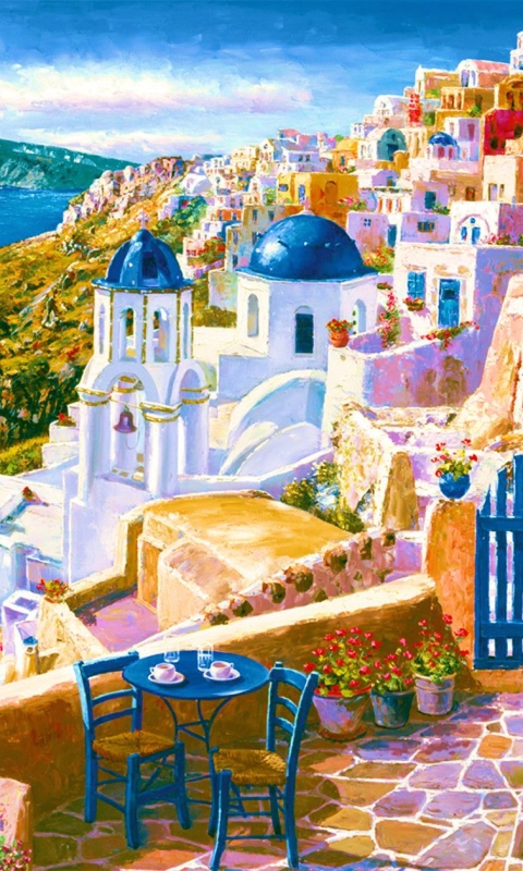 Скачать картинку Дом, Цвета, Картина, Греция, Санторини, Художественные в телефон бесплатно.