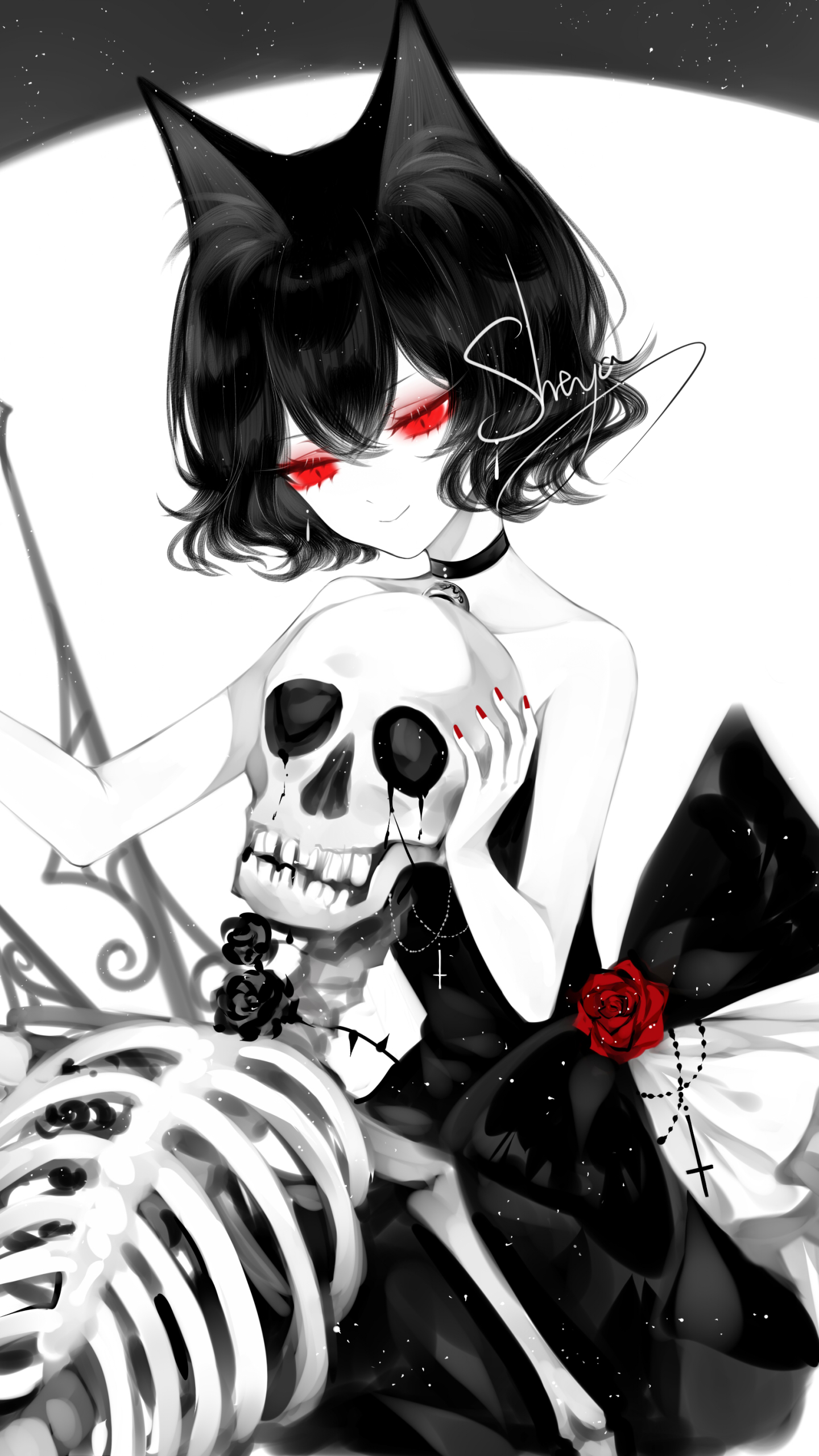 Download mobile wallpaper Anime, Skeleton, Original, Red Eyes, Black Hair for free.