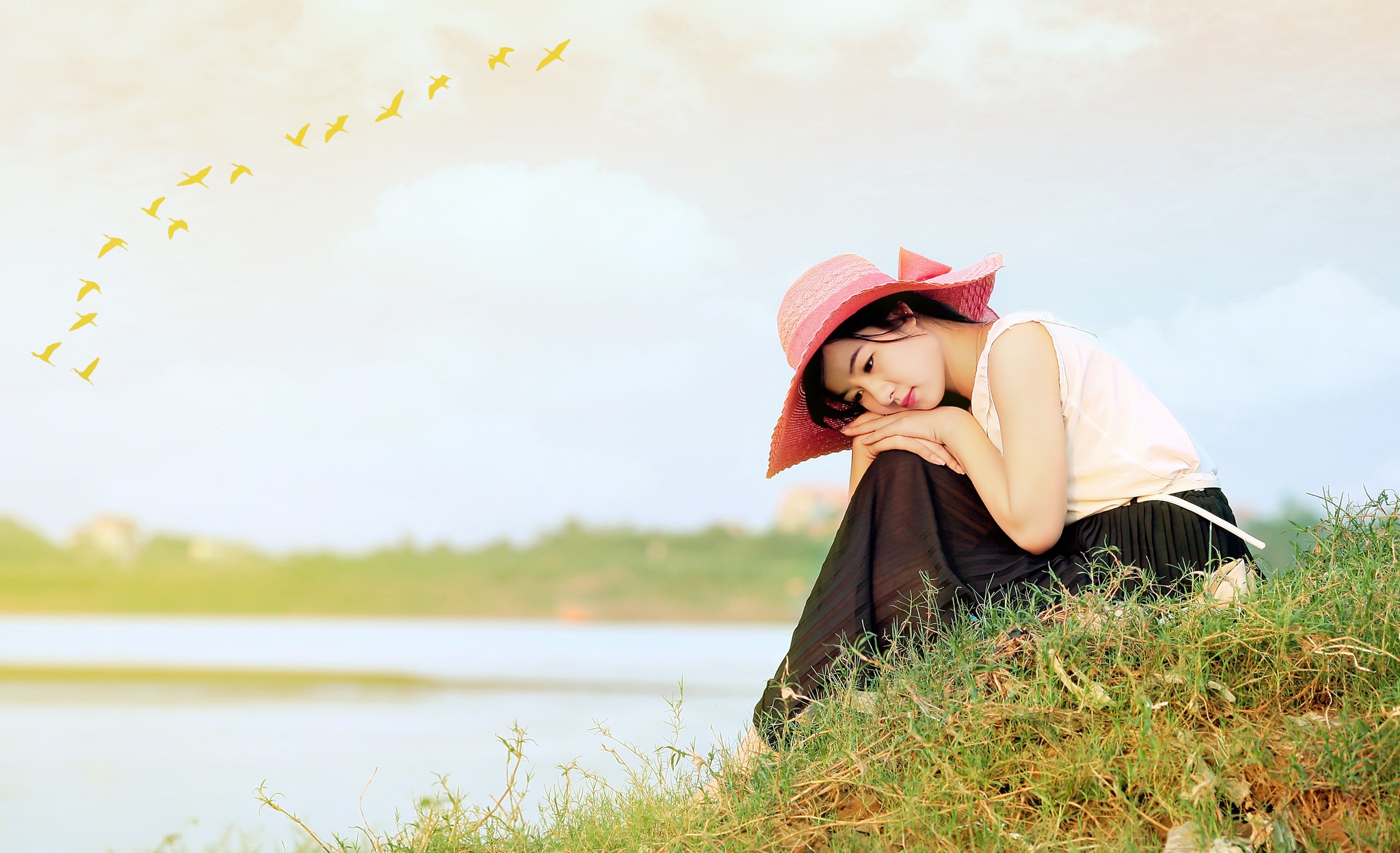 Download mobile wallpaper Mood, Hat, Brunette, Model, Women, Asian, Depth Of Field for free.