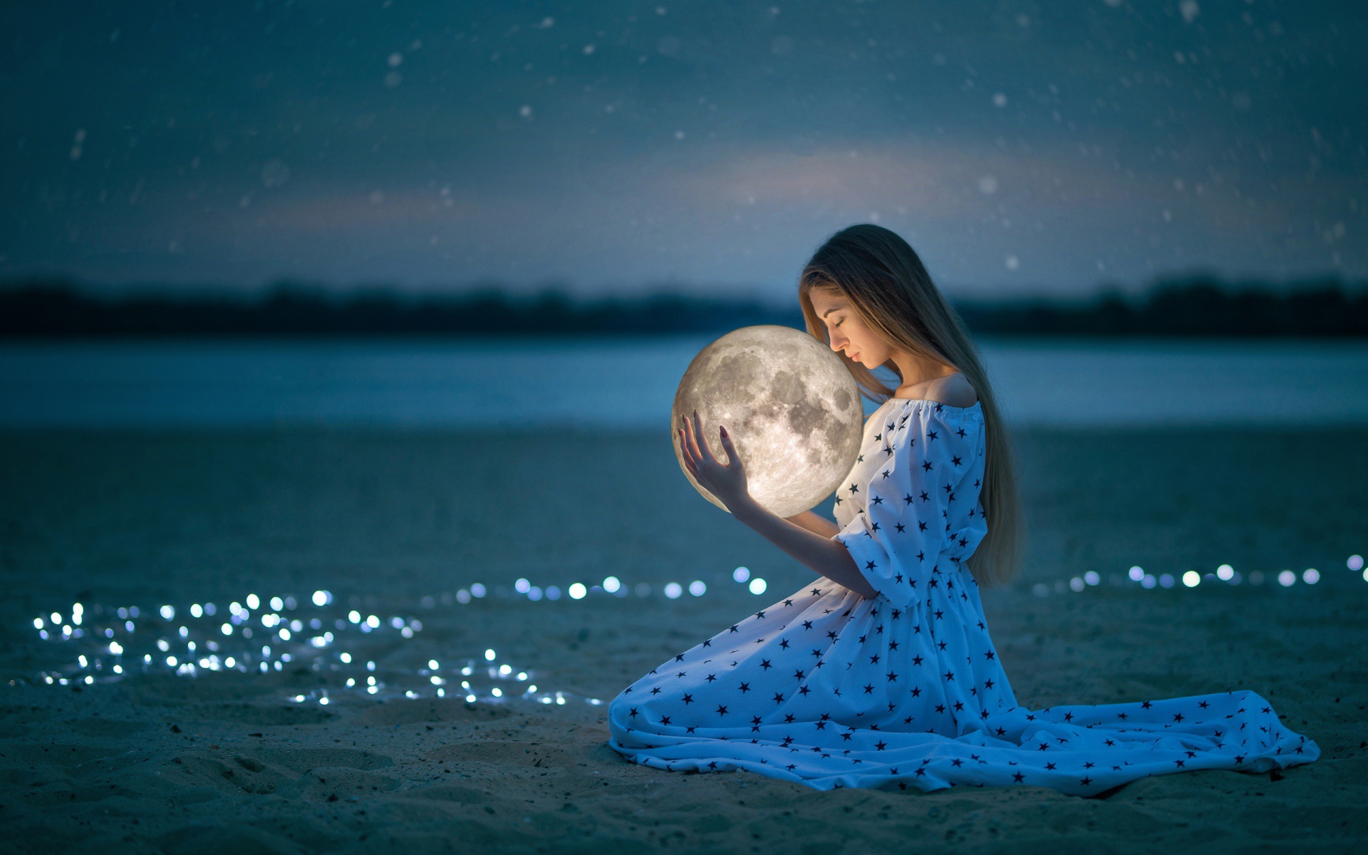 Download mobile wallpaper Night, Sand, Moon, Mood, Dress, Brunette, Photography, Manipulation, Long Hair for free.