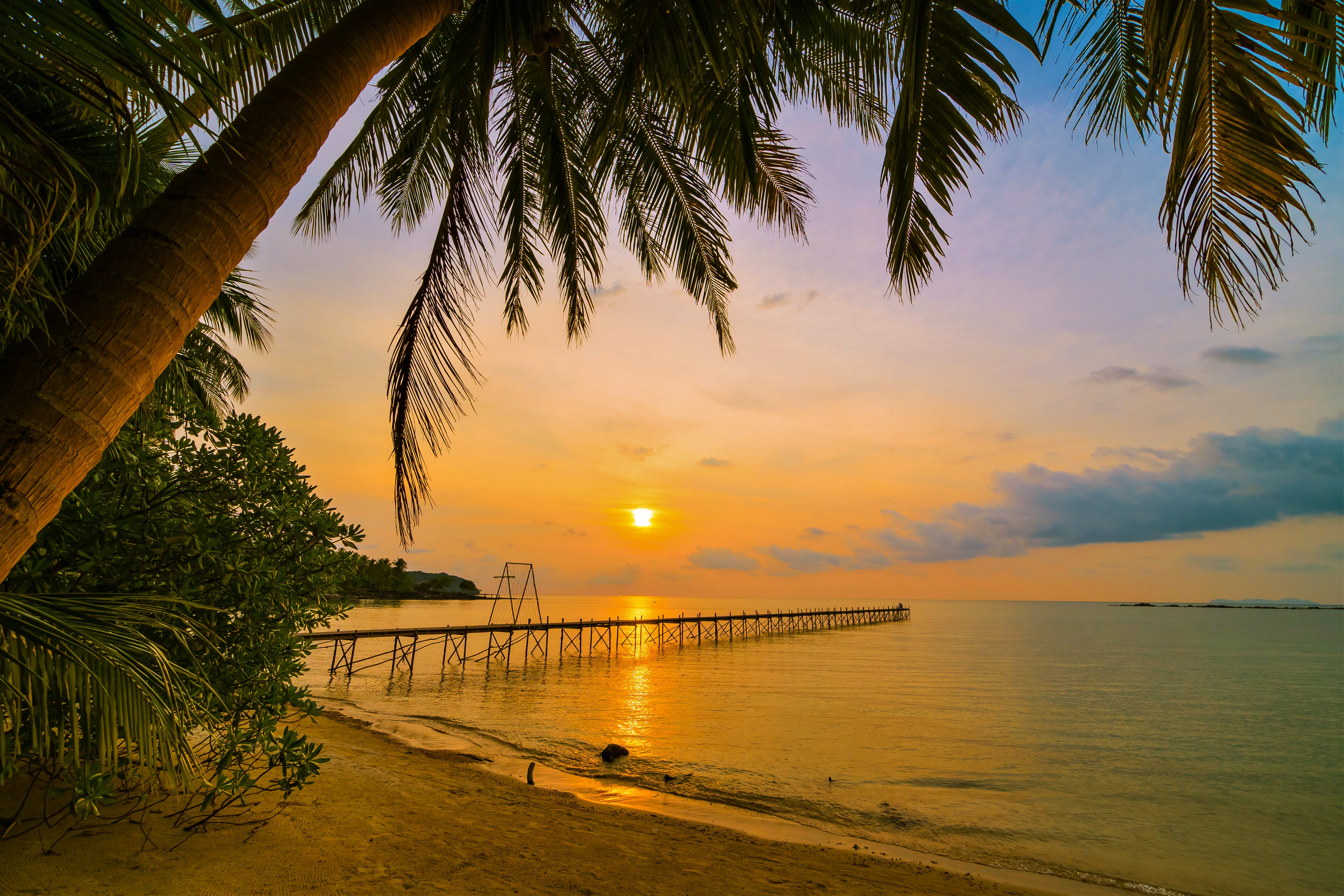 Free download wallpaper Sunset, Sea, Sun, Beach, Horizon, Pier, Ocean, Photography, Palm Tree on your PC desktop