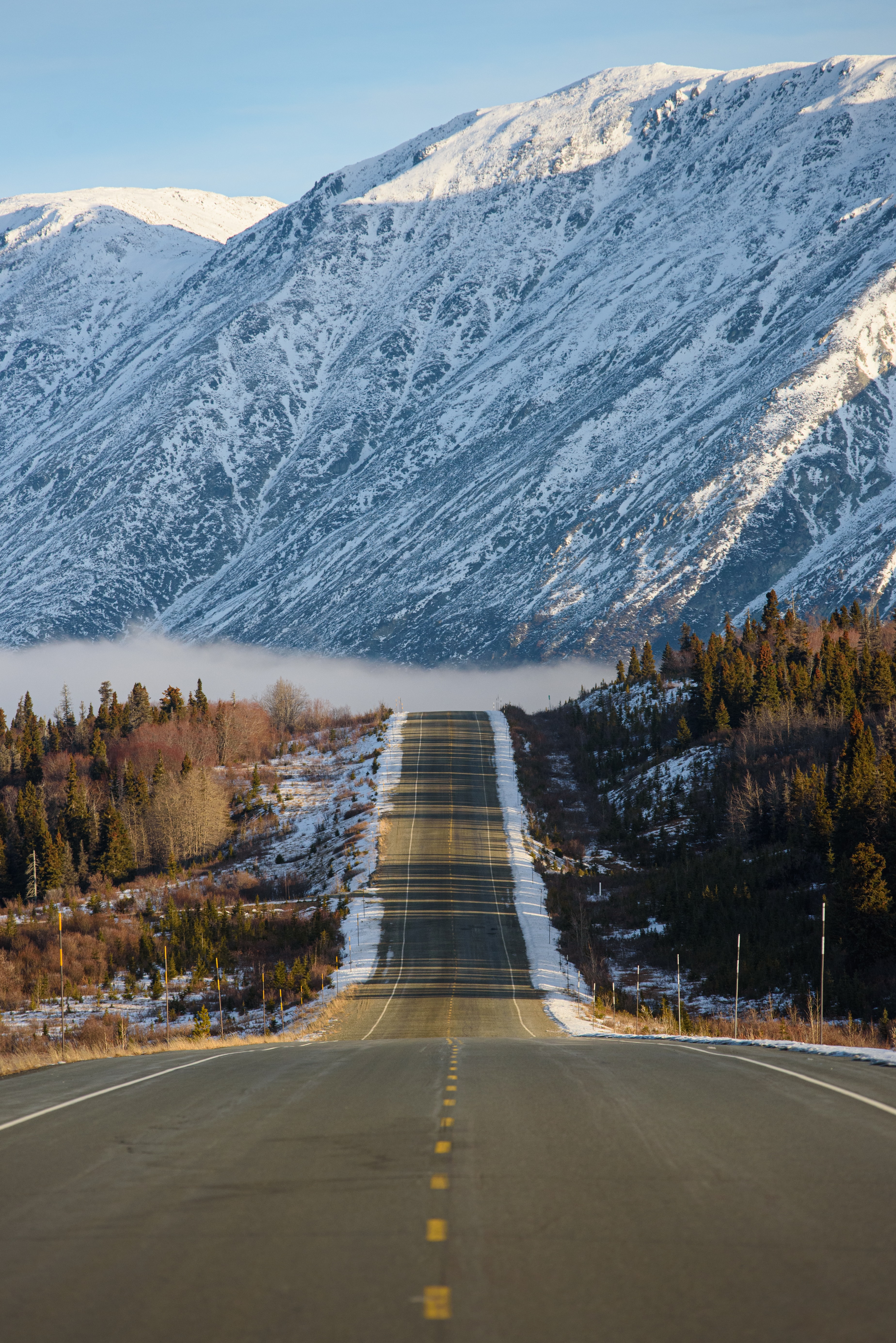 nature, mountains, snow, road, fog, snow covered, snowbound