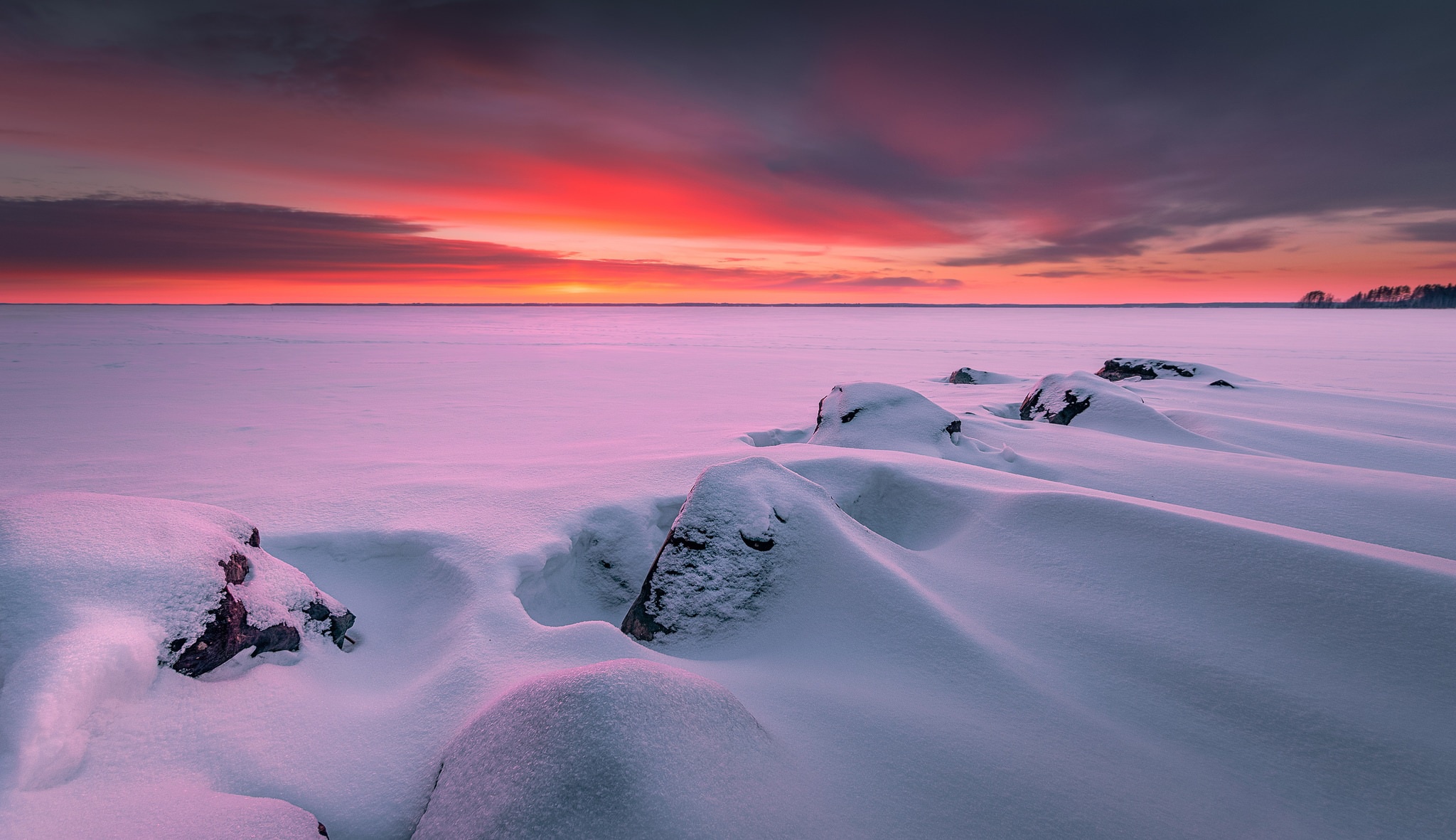 Download mobile wallpaper Winter, Nature, Sunset, Snow, Horizon, Earth for free.
