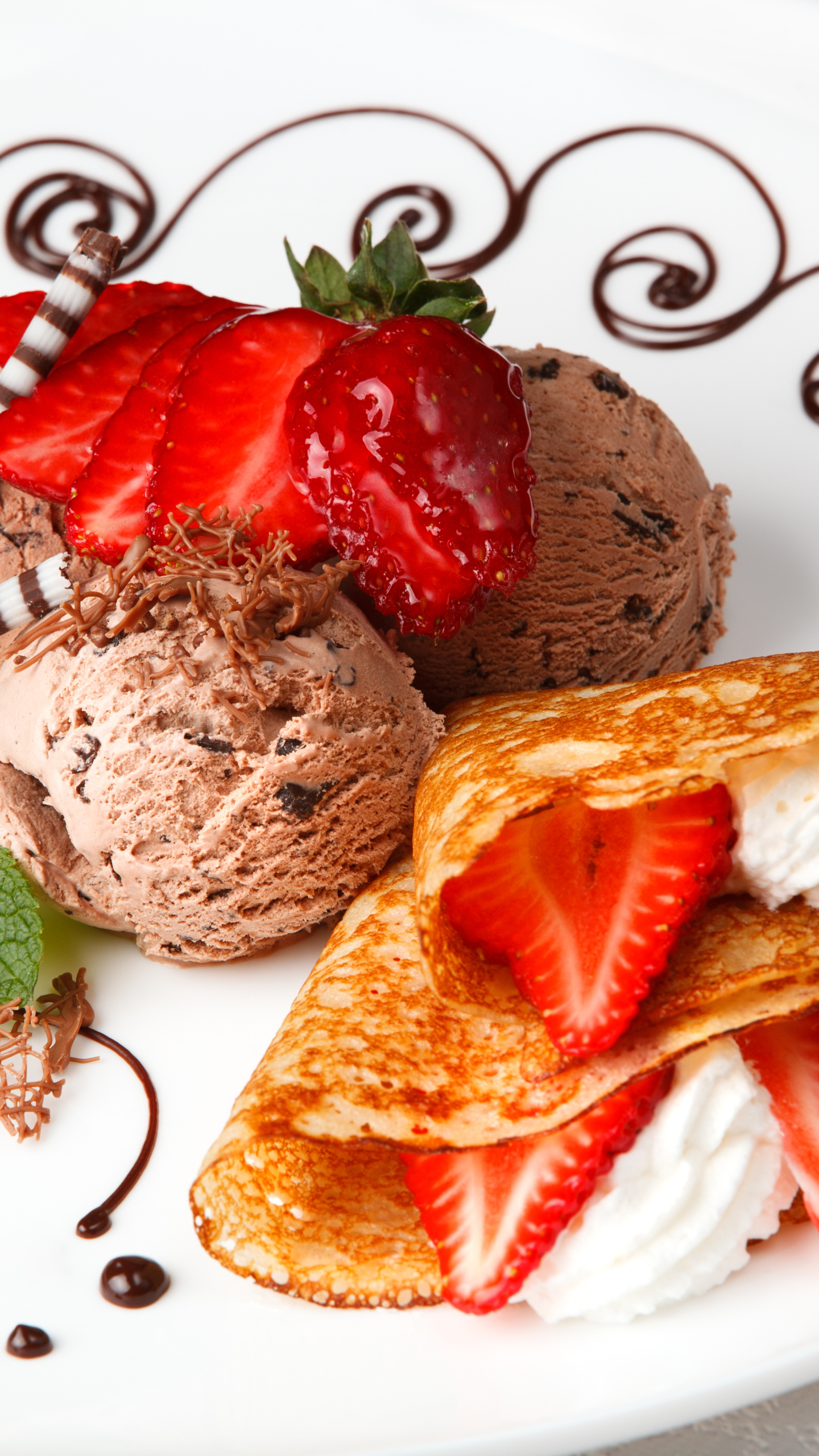 Download mobile wallpaper Food, Strawberry, Dessert, Chocolate, Ice Cream, Sweets, Crêpe for free.