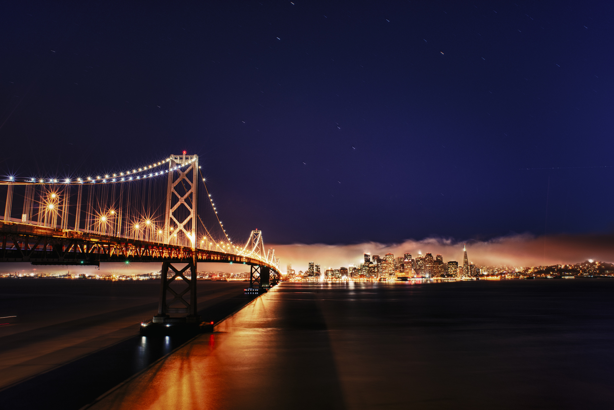 Скачать обои бесплатно Мосты, Ночь, Город, Свет, Мост, Сша, Калифорния, Сан Франциско, Бэй Бридж, Сделано Человеком картинка на рабочий стол ПК
