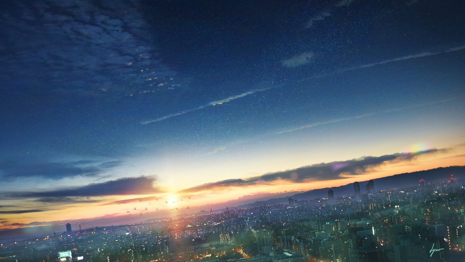 Download mobile wallpaper Fantasy, Sunset, Sky, City, Light, Cityscape, Cloud for free.