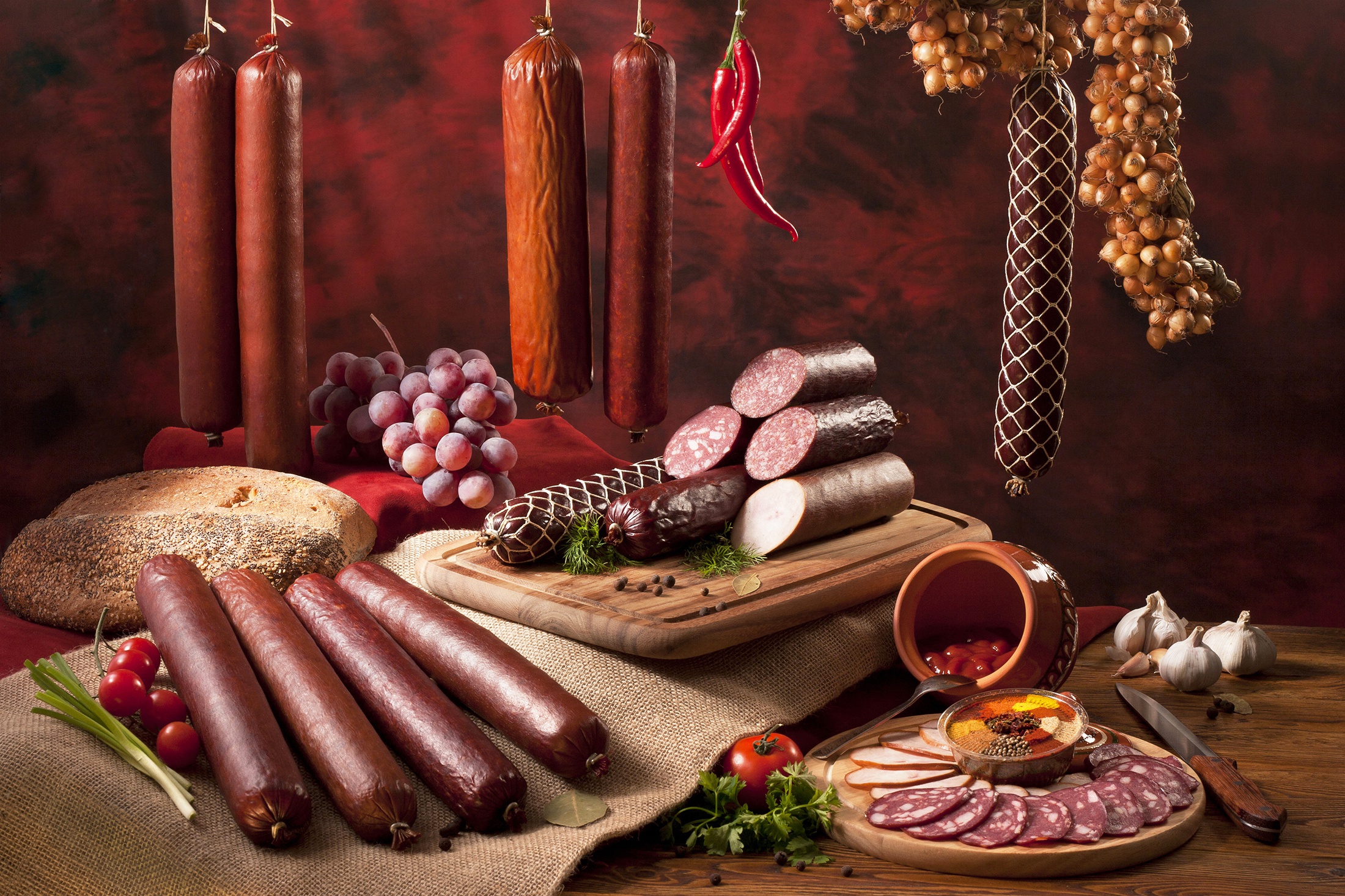 Download mobile wallpaper Food, Grapes, Pepper, Meat, Bread, Sausage for free.