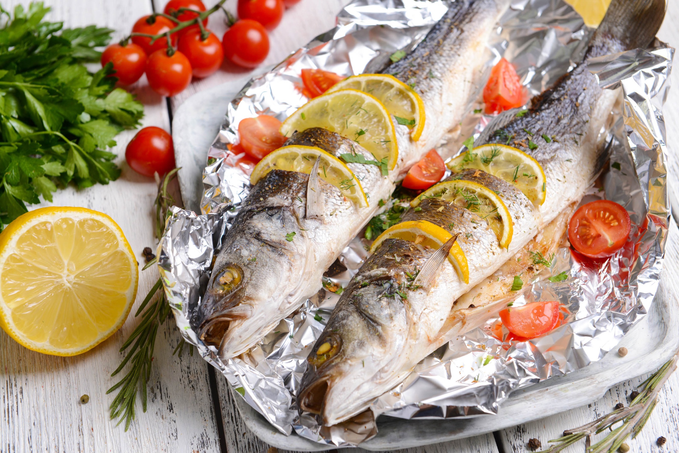 Download mobile wallpaper Food, Still Life, Lemon, Fish, Tomato, Seafood for free.