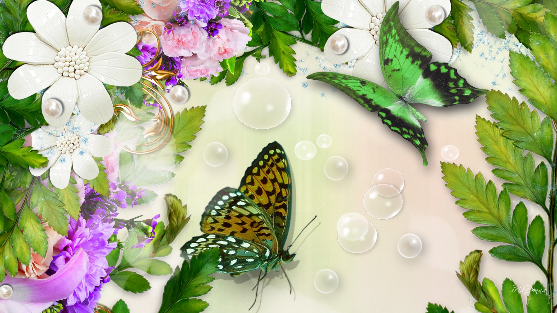 PCデスクトップに蝶, フラワーズ, 葉, 花, 芸術的, バブル画像を無料でダウンロード