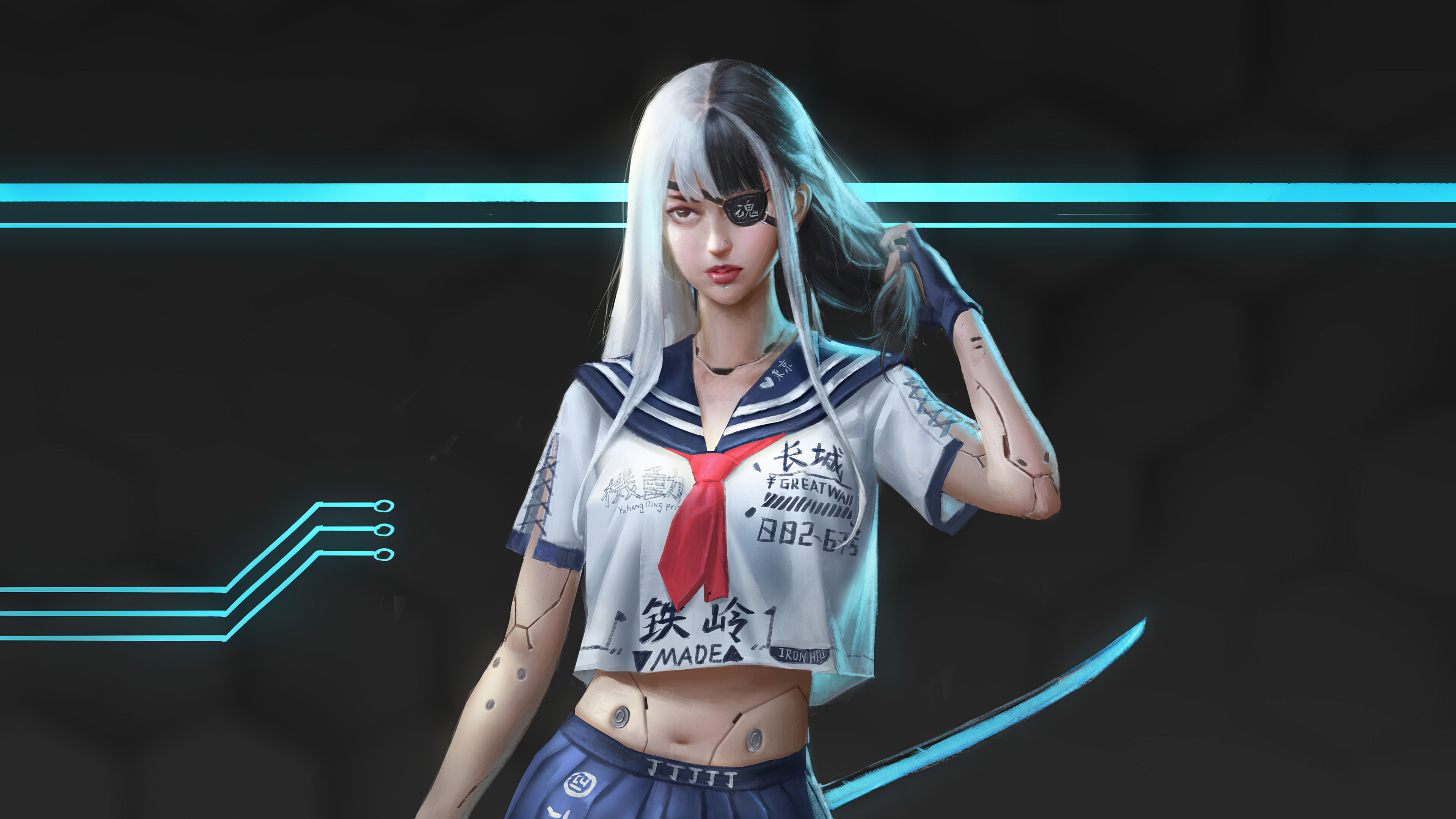 Download mobile wallpaper Sci Fi, Cyborg, School Uniform, Eye Patch, Two Toned Hair for free.