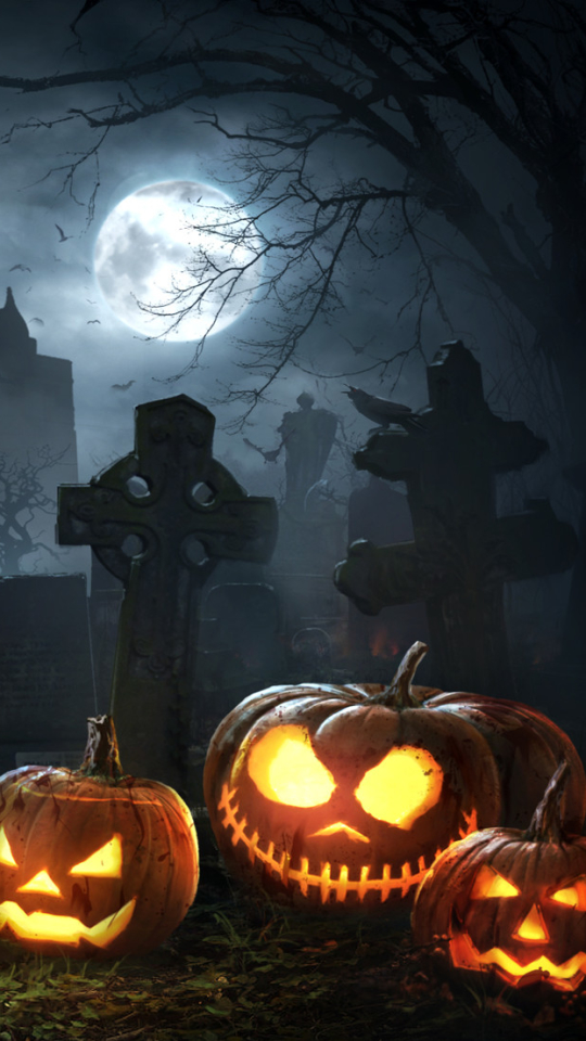Download mobile wallpaper Halloween, Night, Holiday, Cemetery, Graveyard, Jack O' Lantern for free.