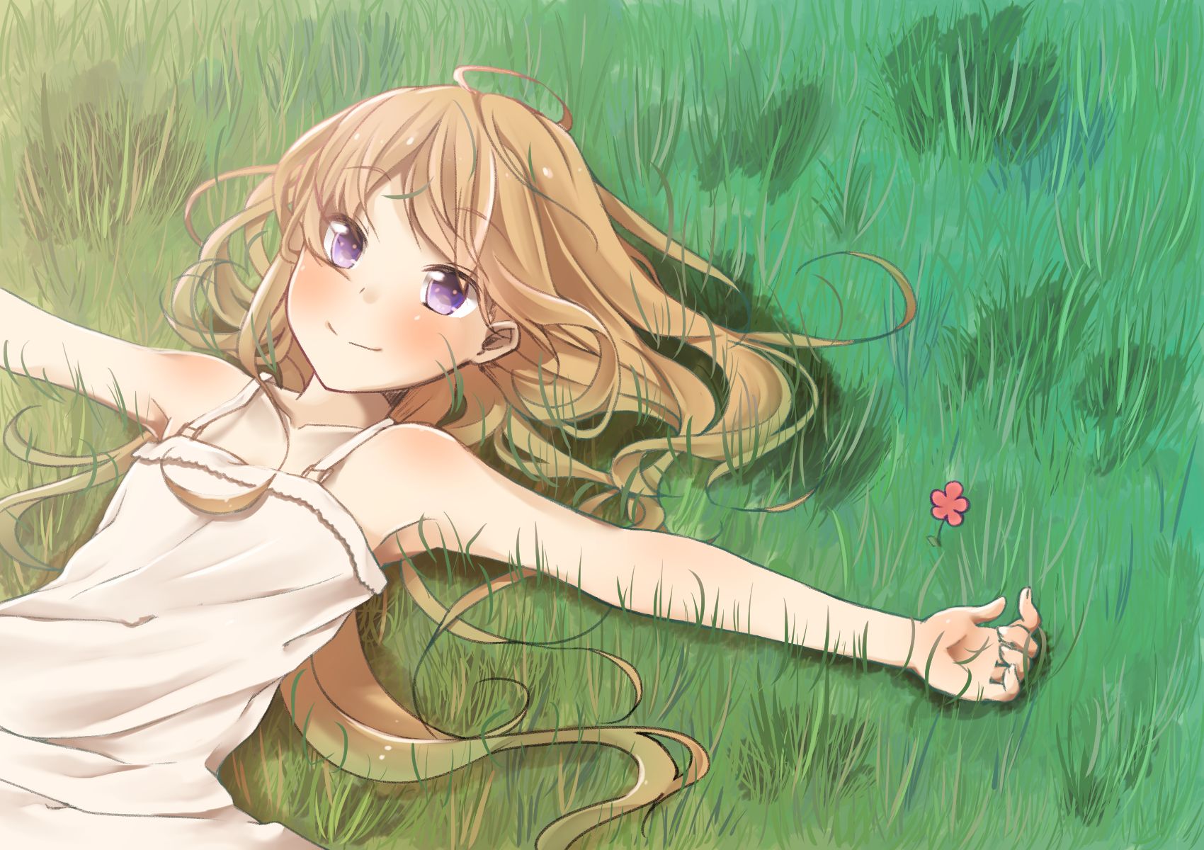 Download mobile wallpaper Anime, Grass, Flower, Smile, Blonde, Original, Blush, Long Hair, Purple Eyes for free.