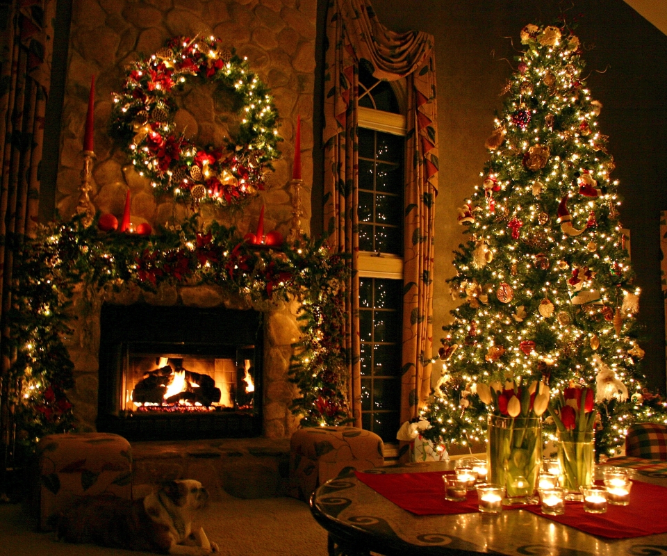 Download mobile wallpaper Christmas, Holiday, Christmas Tree, Candle, Tulip, Fireplace, Christmas Ornaments, Christmas Lights for free.