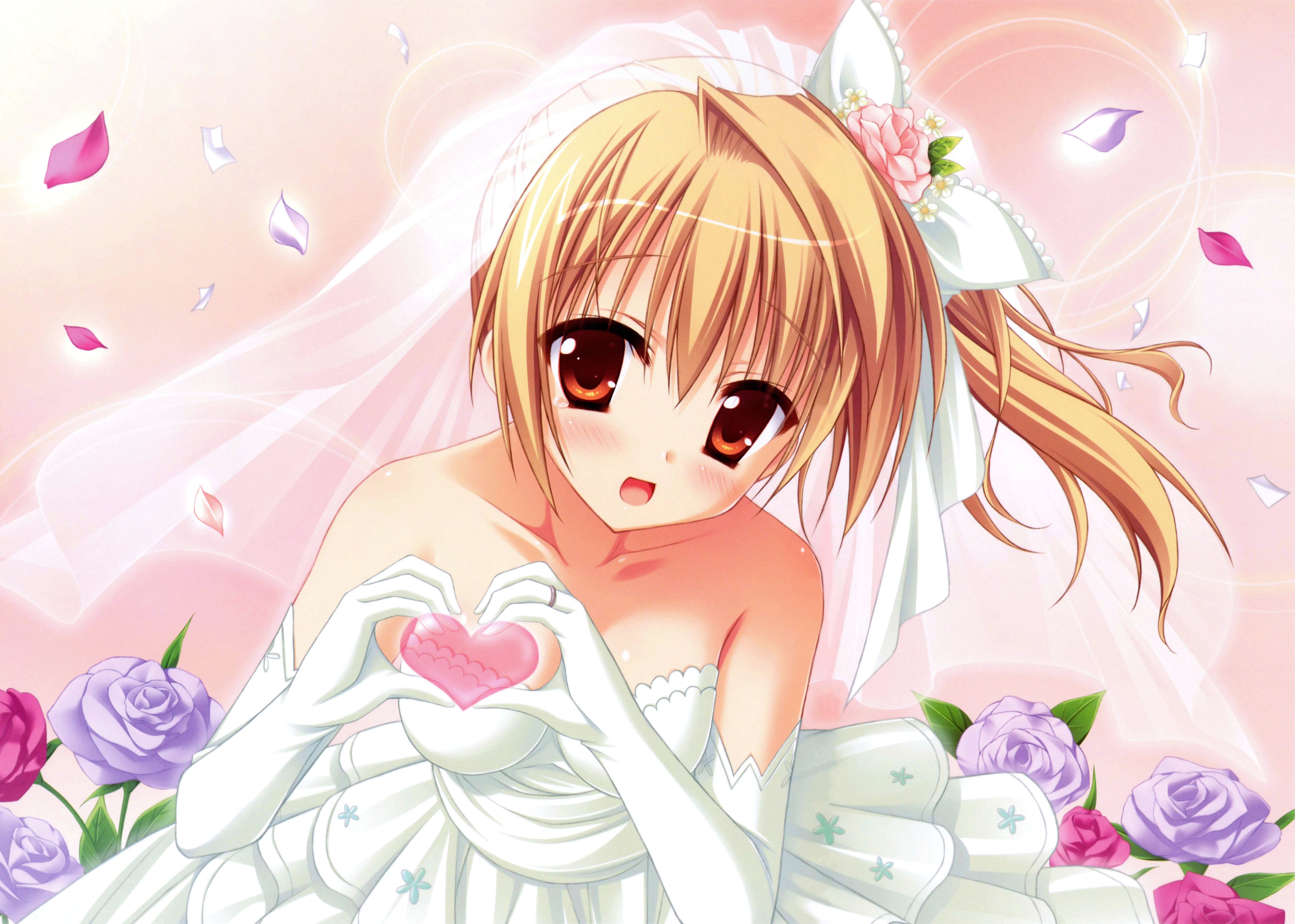 Download mobile wallpaper Anime, Flower, Rose, Smile, Heart, Veil, Blonde, Petal, Original, Blush, Wedding Dress, Brown Eyes, Bow (Clothing) for free.