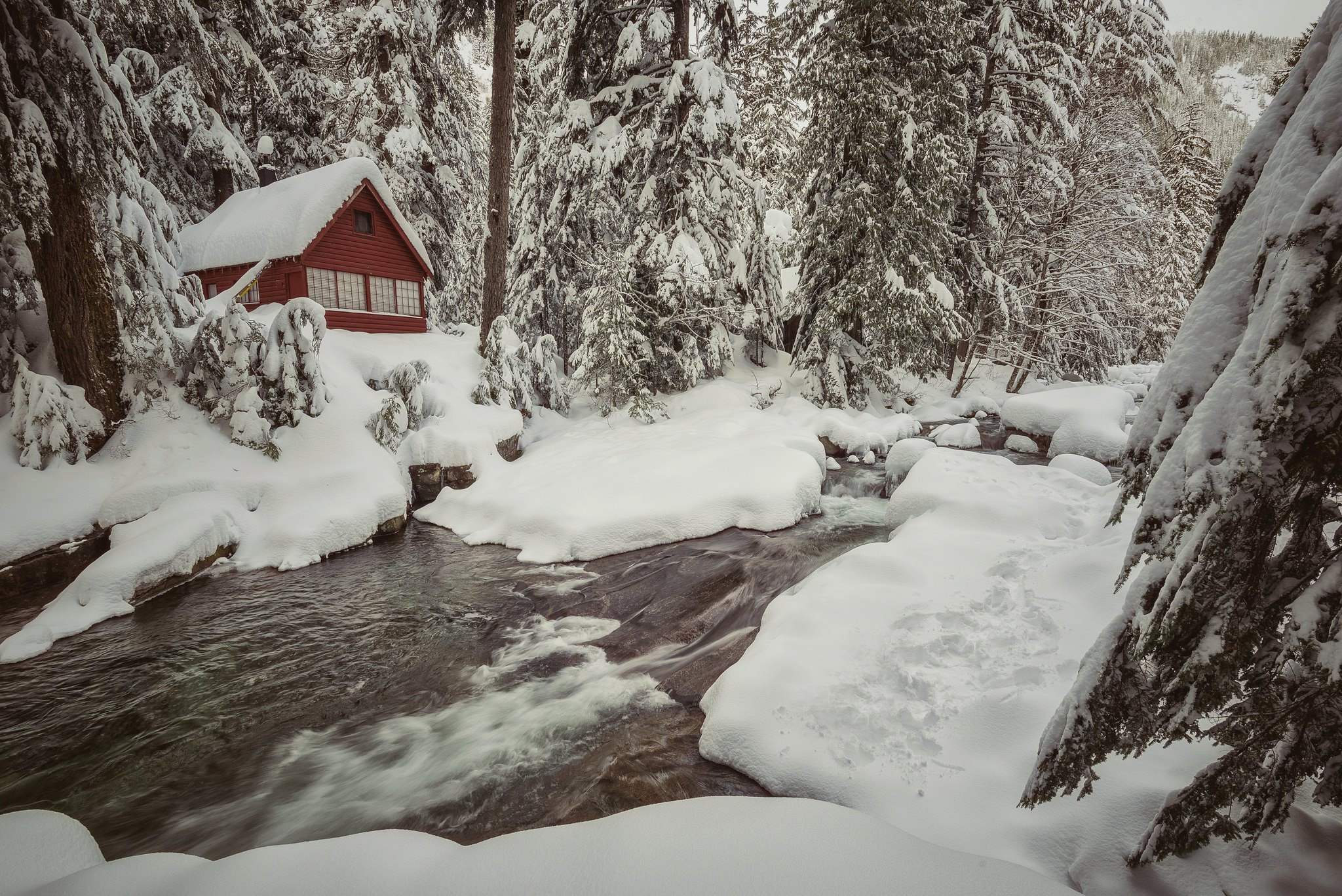 Free download wallpaper Winter, Pine, Snow, Forest, House, Stream, River, Photography on your PC desktop