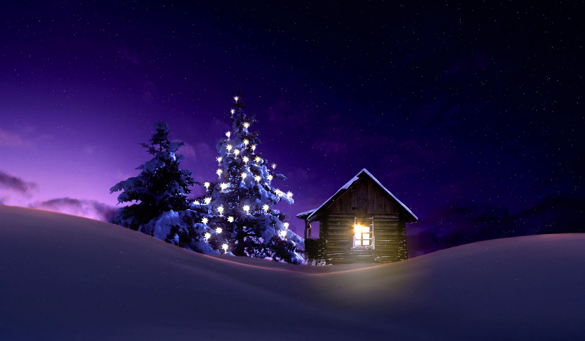Download mobile wallpaper Winter, Night, Snow, Light, Tree, Christmas, Holiday, Cabin for free.
