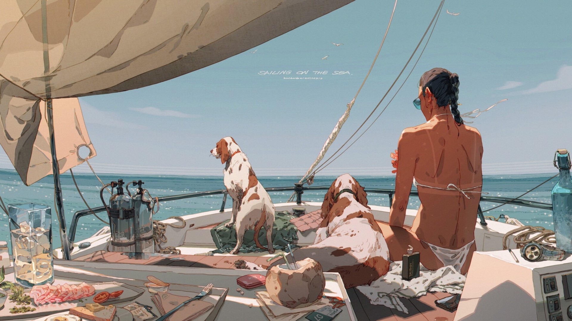 Handy-Wallpaper Hund, Segelboot, Frauen, Künstlerisch kostenlos herunterladen.