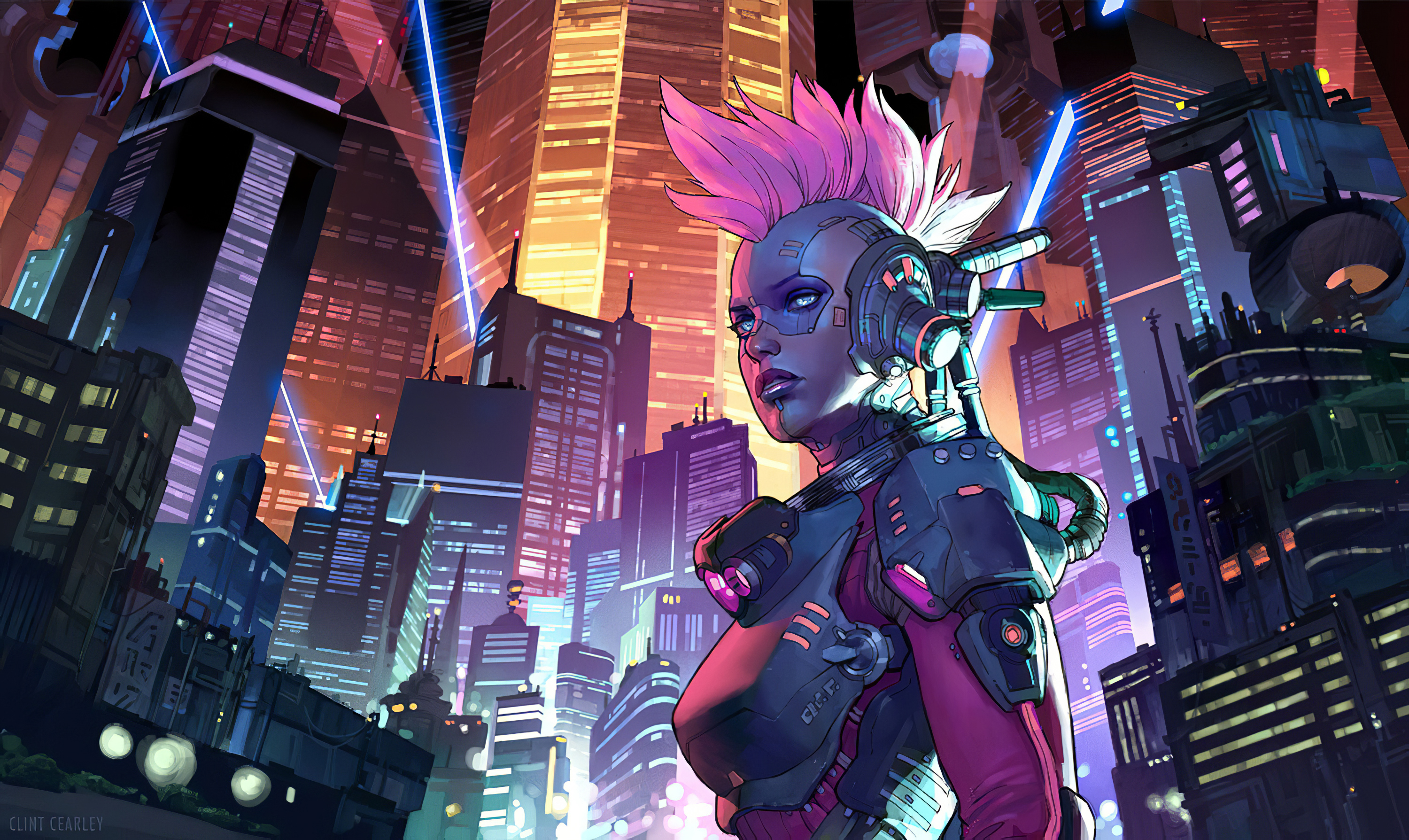 Laden Sie das Gebäude, Cyberpunk, Science Fiction, Cyborg, Futuristisch, Pinkes Haar, Großstadt-Bild kostenlos auf Ihren PC-Desktop herunter