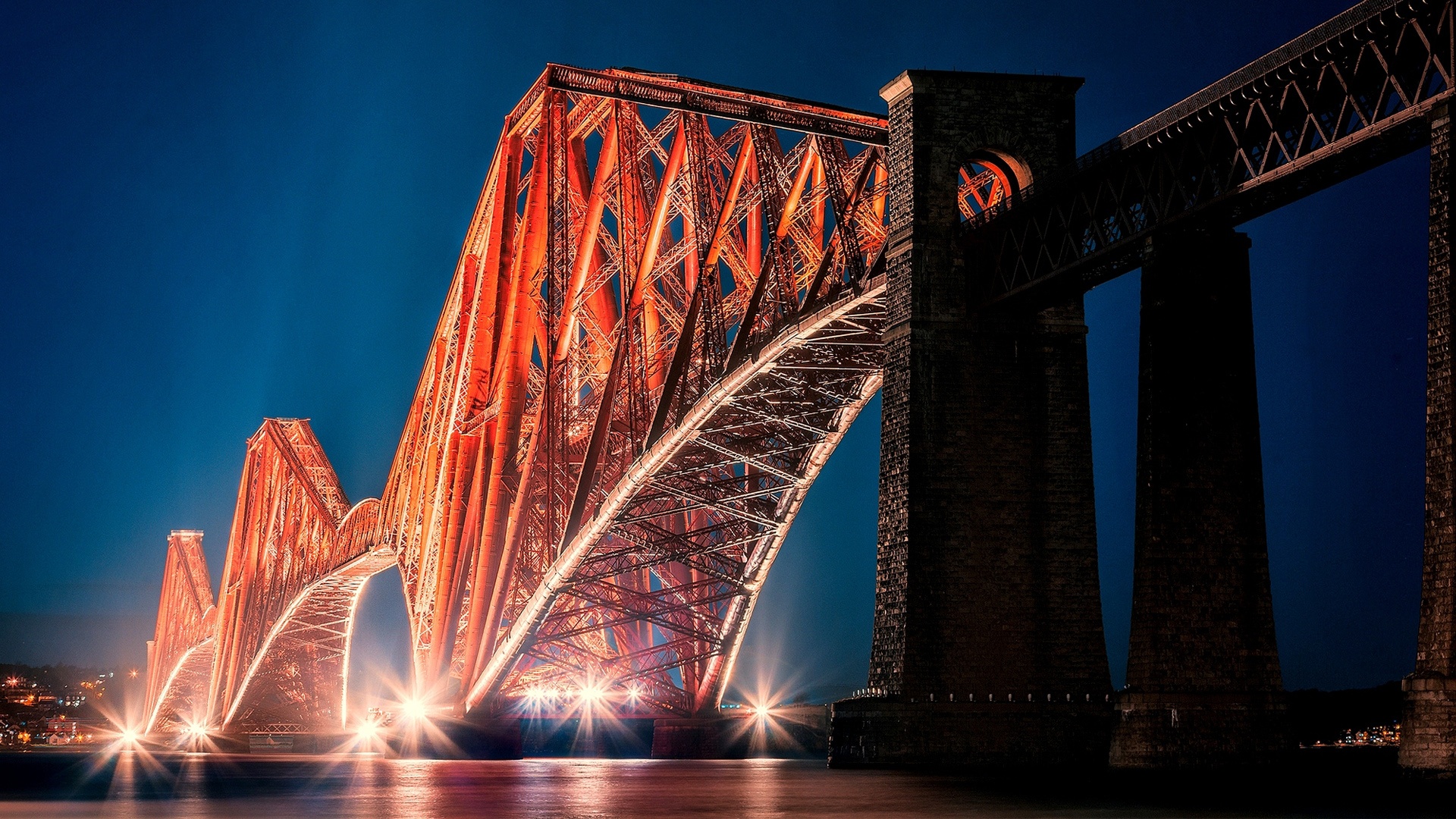 man made, forth bridge, bridge, light, night, scotland