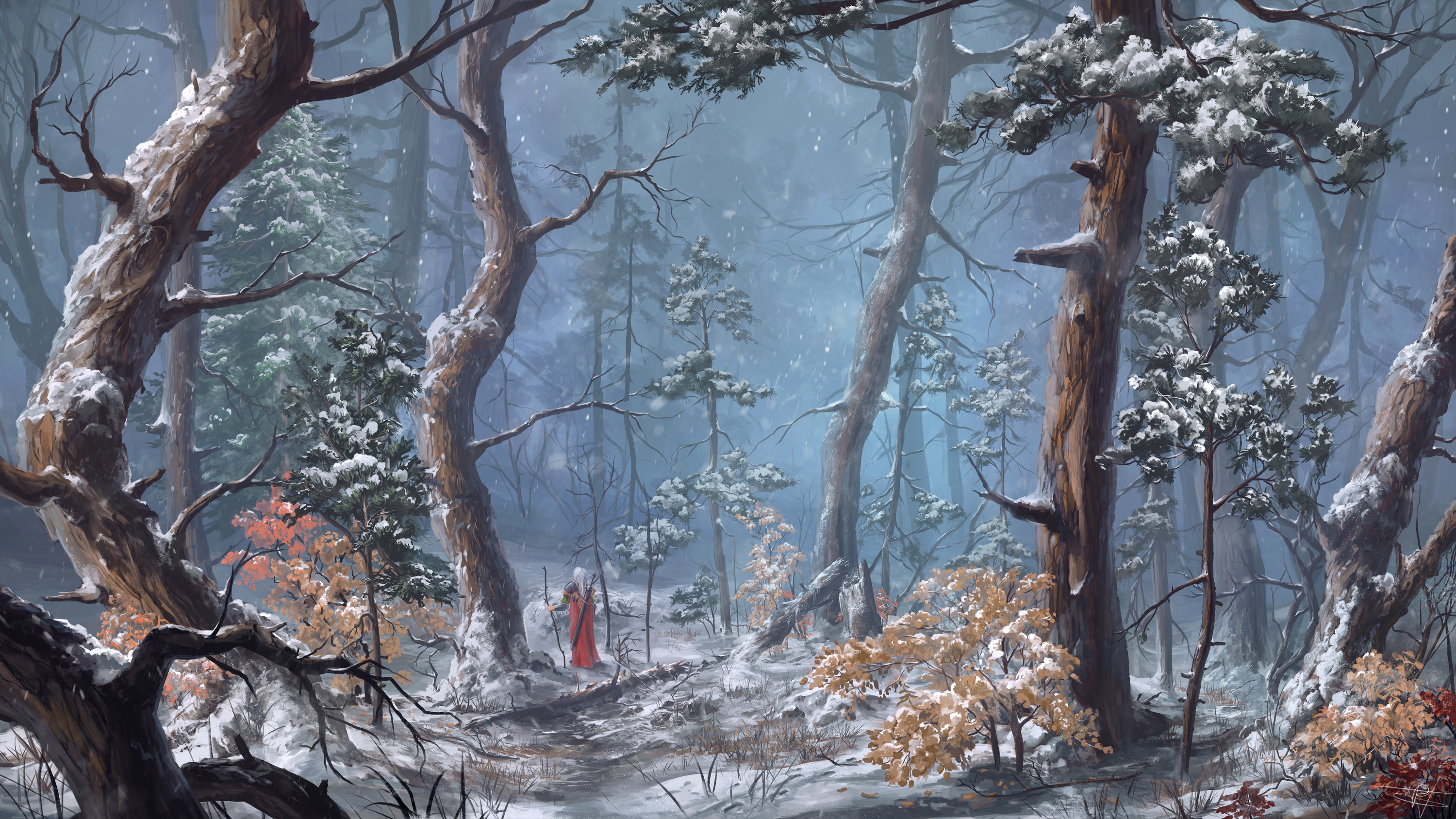 Laden Sie das Winter, Natur, Fantasie, Wald, Krieger, Schneefall-Bild kostenlos auf Ihren PC-Desktop herunter