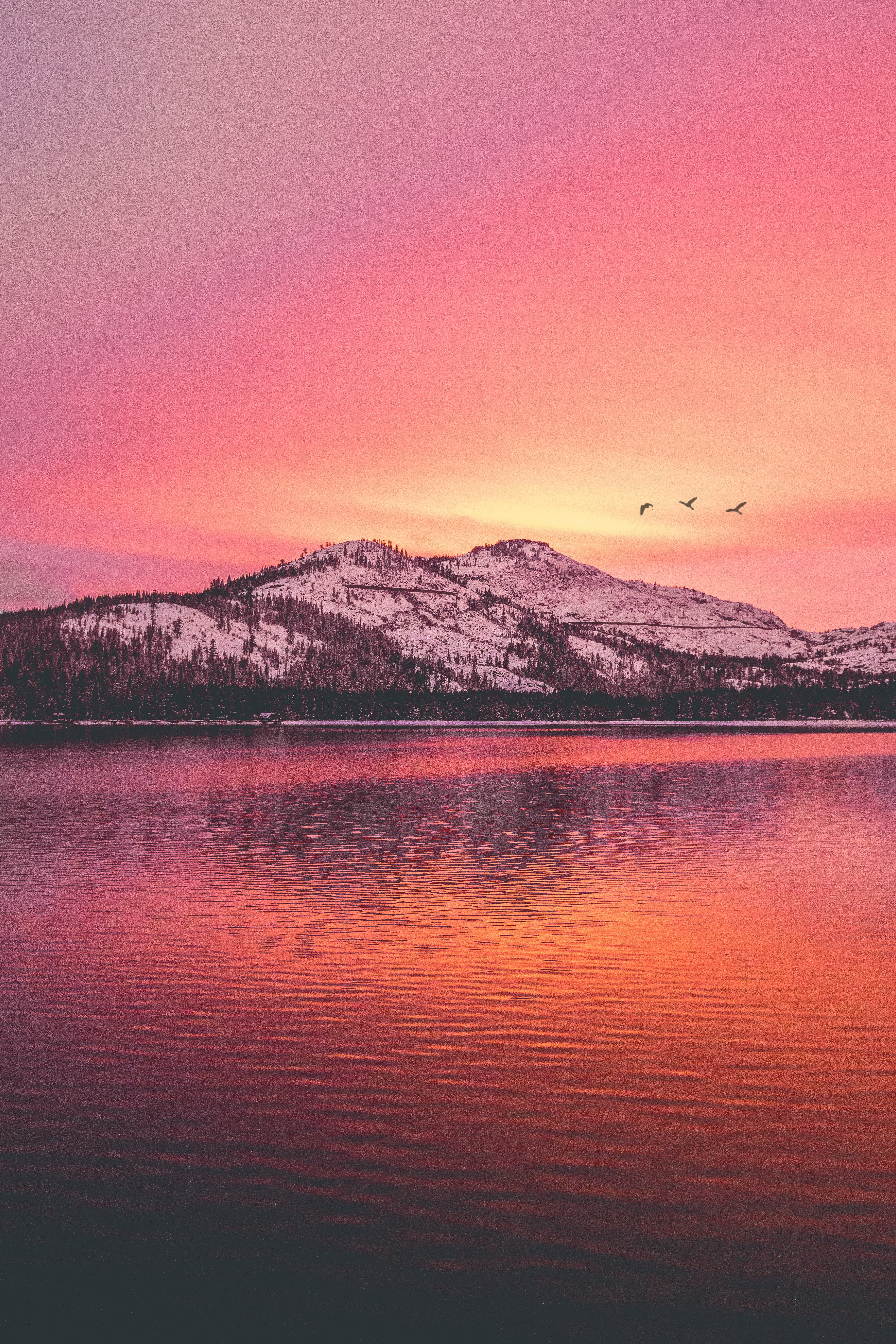 Download mobile wallpaper Mountains, Horizon, Lake, Sunset, Nature, Birds for free.