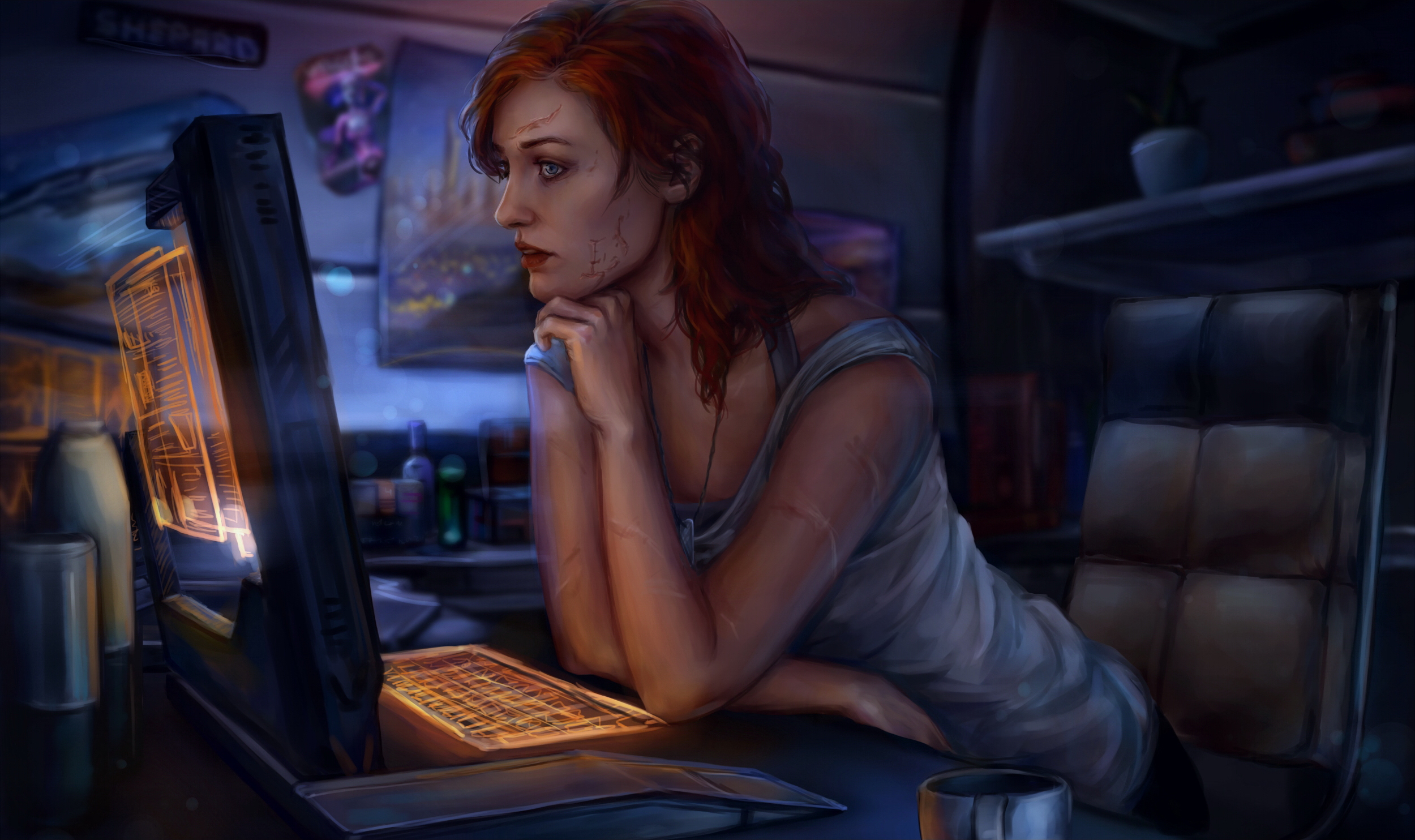 Free download wallpaper Mass Effect, Redhead, Sci Fi, Blue Eyes, Video Game, Commander Shepard, Lipstick, Scar on your PC desktop
