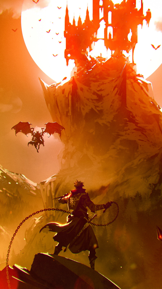 Download mobile wallpaper Fantasy, Moon, Warrior, Demon, Castle for free.