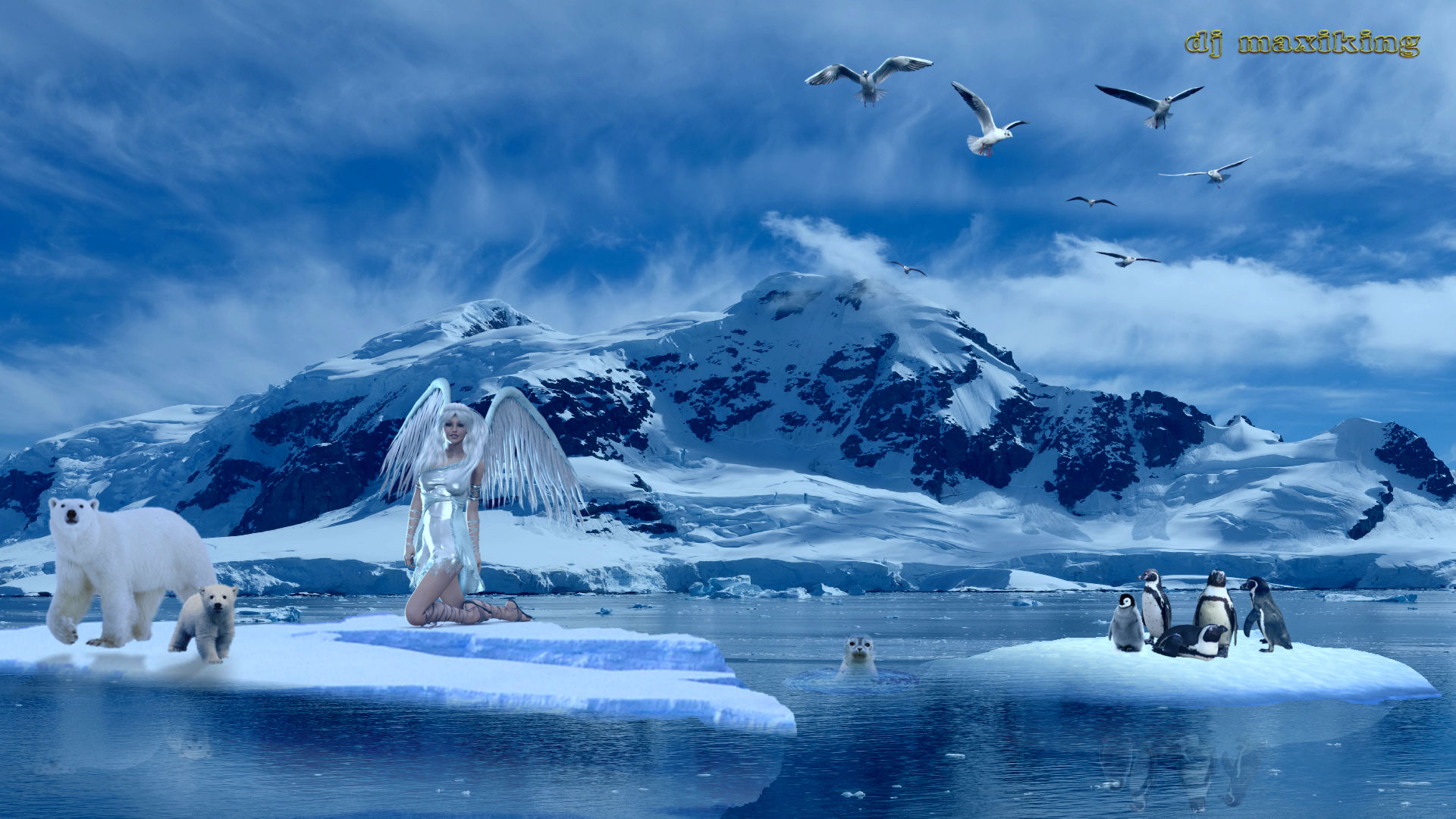1502213 télécharger l'image ours polaire, fantaisie, ange, glace, mouette, neiger, l'hiver - fonds d'écran et économiseurs d'écran gratuits