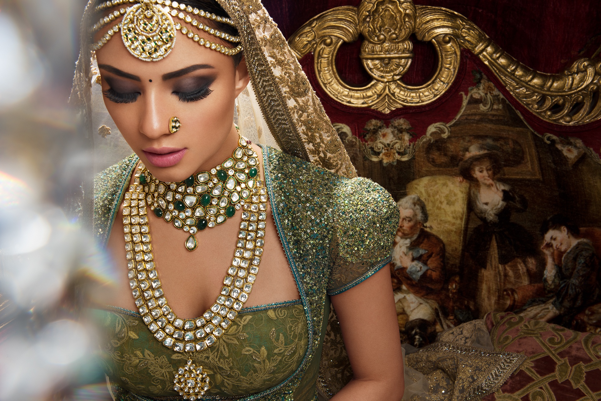 makeup, saree, indian, jewelry, women, bride, bokeh, necklace, oriental, veil