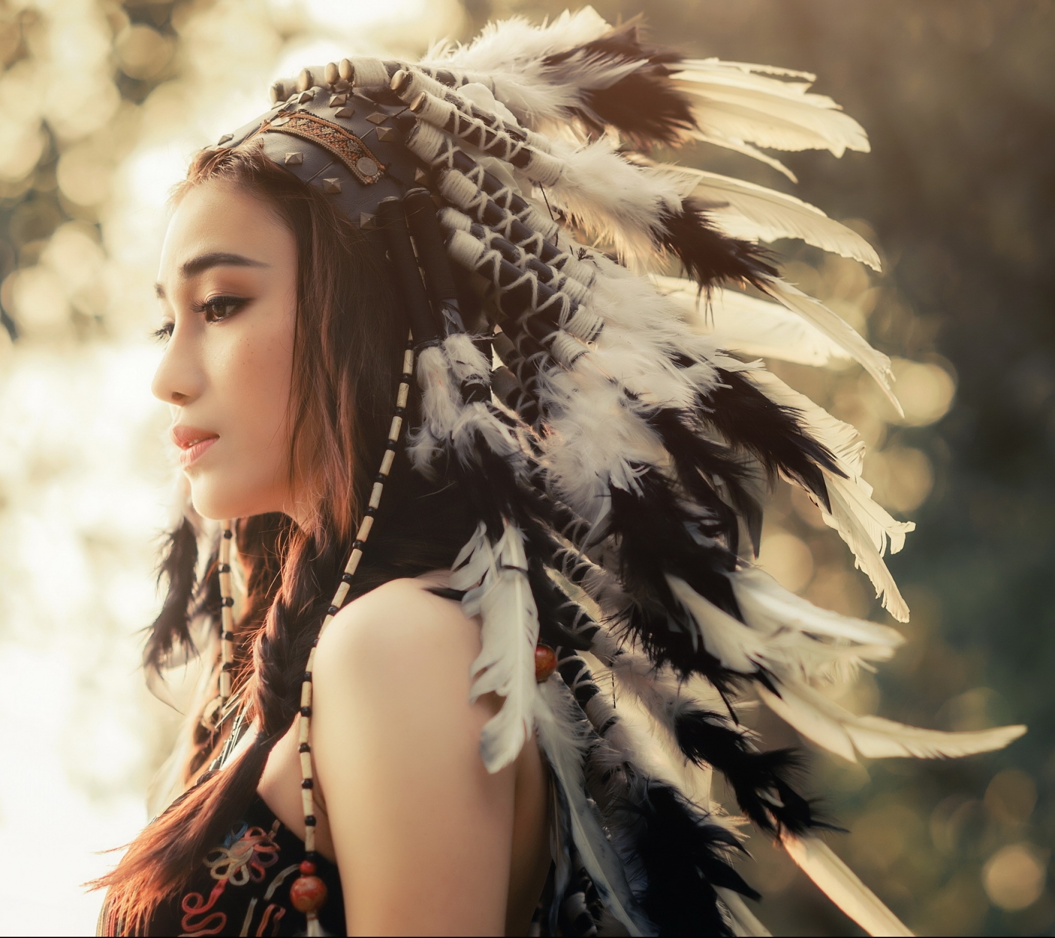 Download mobile wallpaper Feather, Brunette, Women, Braid, Asian, Brown Eyes for free.