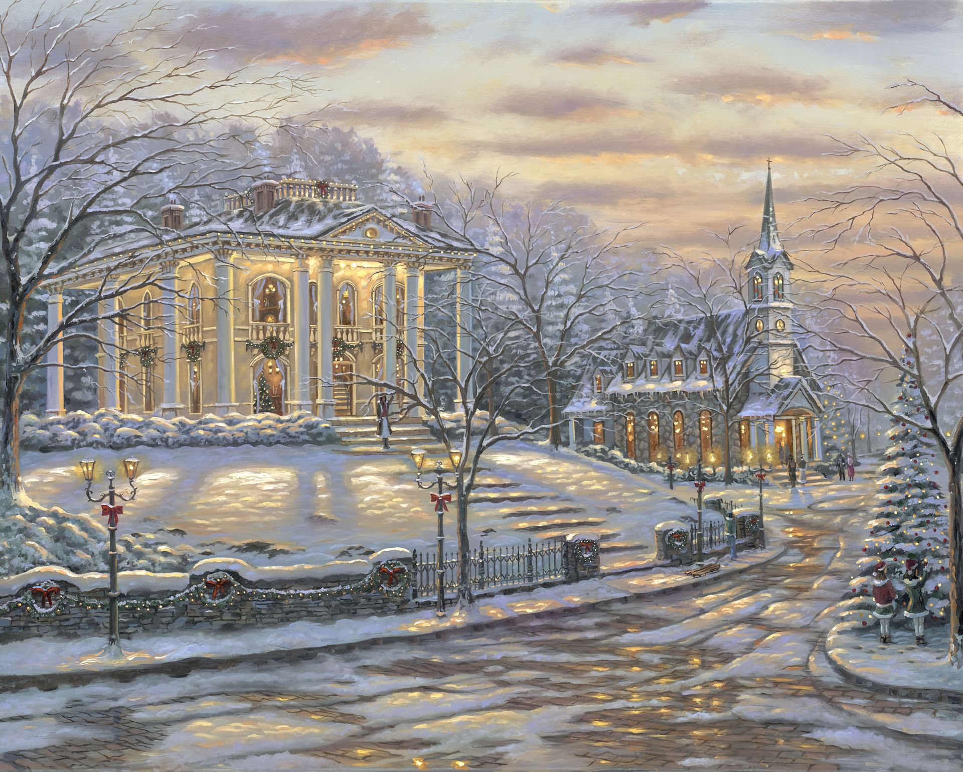 Free download wallpaper Winter, Snow, Building, Christmas Tree, Painting, Artistic, Church on your PC desktop