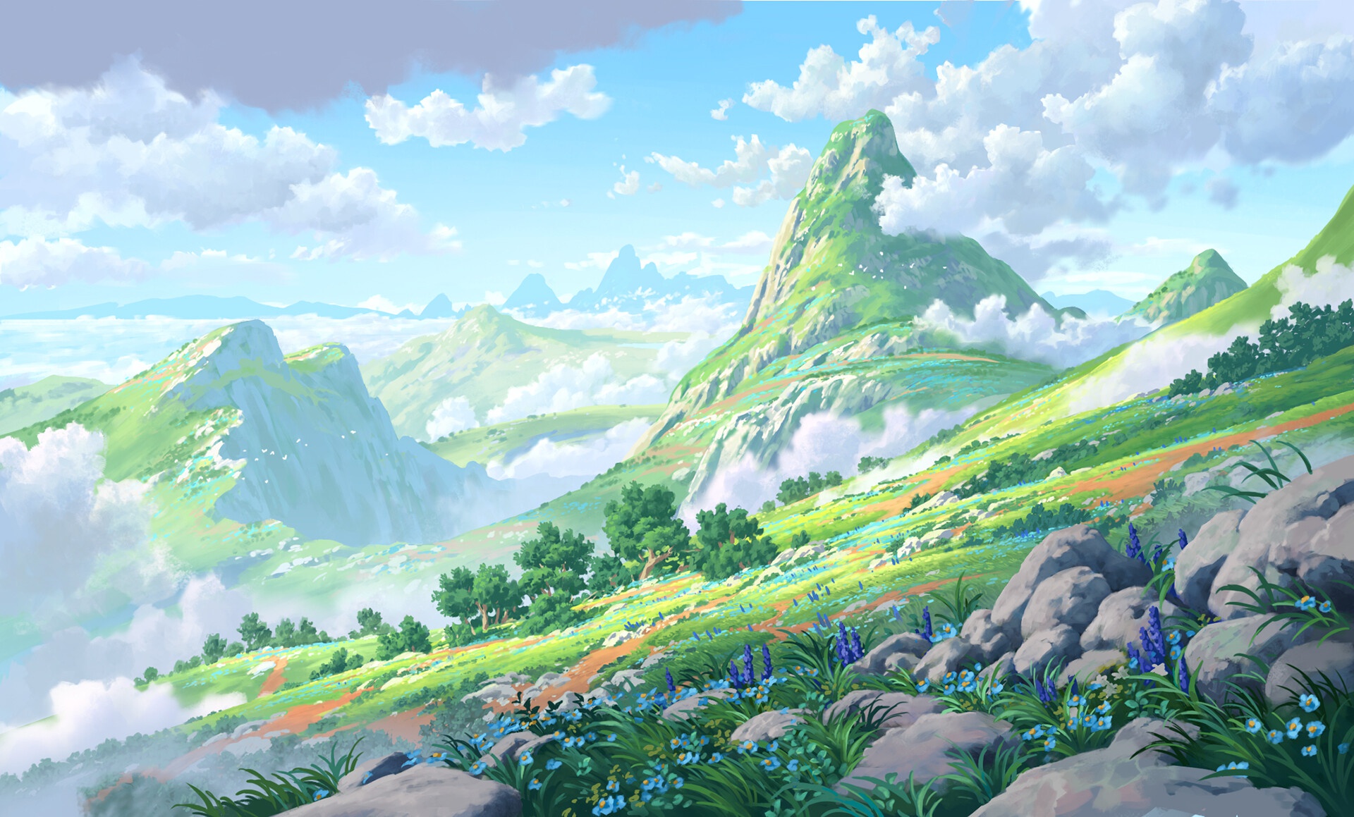 Free download wallpaper Landscape, Nature, Mountain, Flower, Artistic, Cloud on your PC desktop