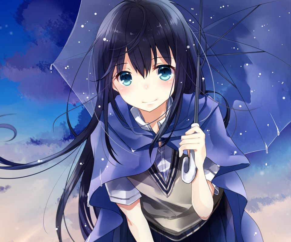 Download mobile wallpaper Anime, Sky, Rain, Smile, Umbrella, Blue Eyes, Original, Blue Hair, School Uniform, Long Hair for free.