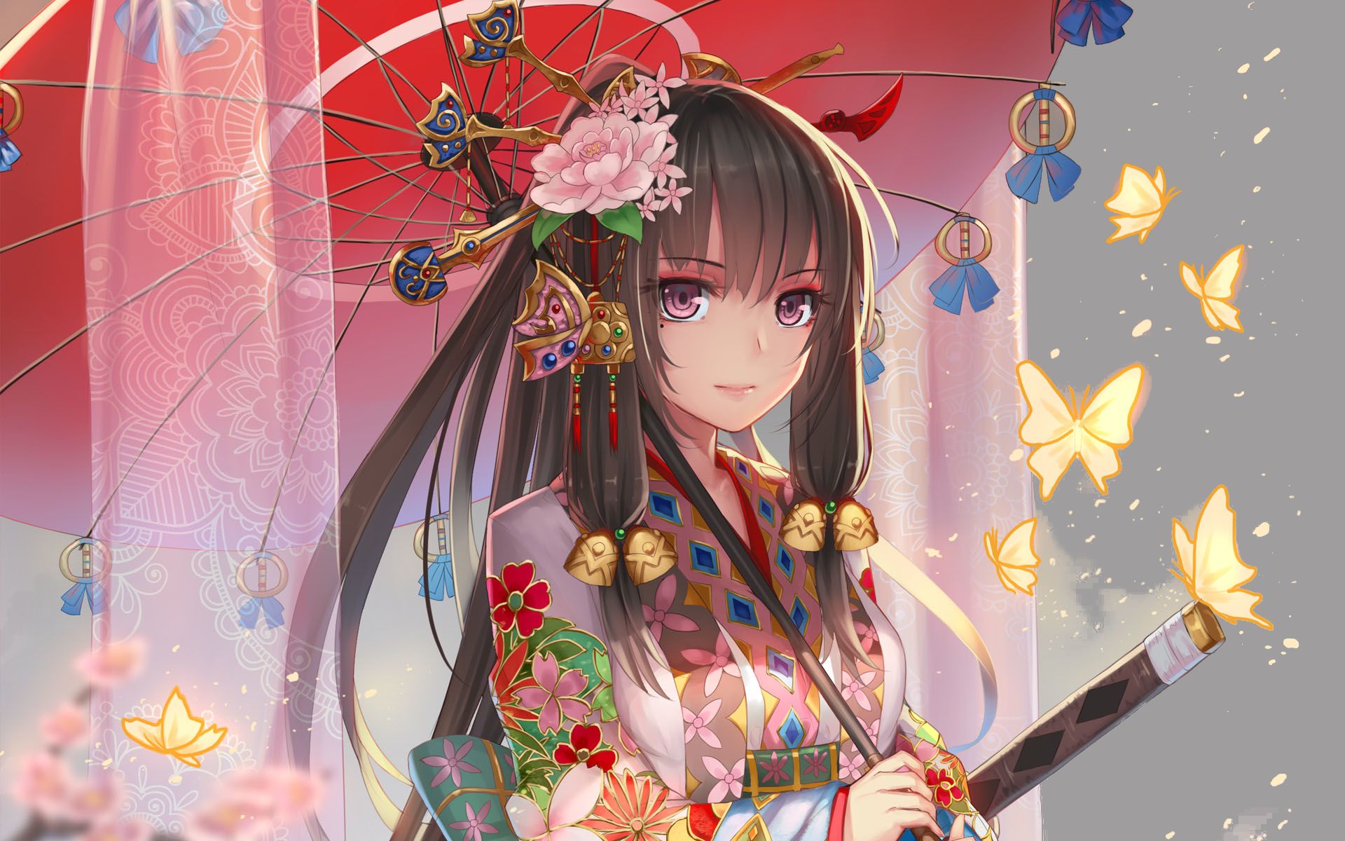 Laden Sie das Blume, Regenschirm, Kimono, Schwert, Original, Animes, Schwarzes Haar, Lange Haare-Bild kostenlos auf Ihren PC-Desktop herunter
