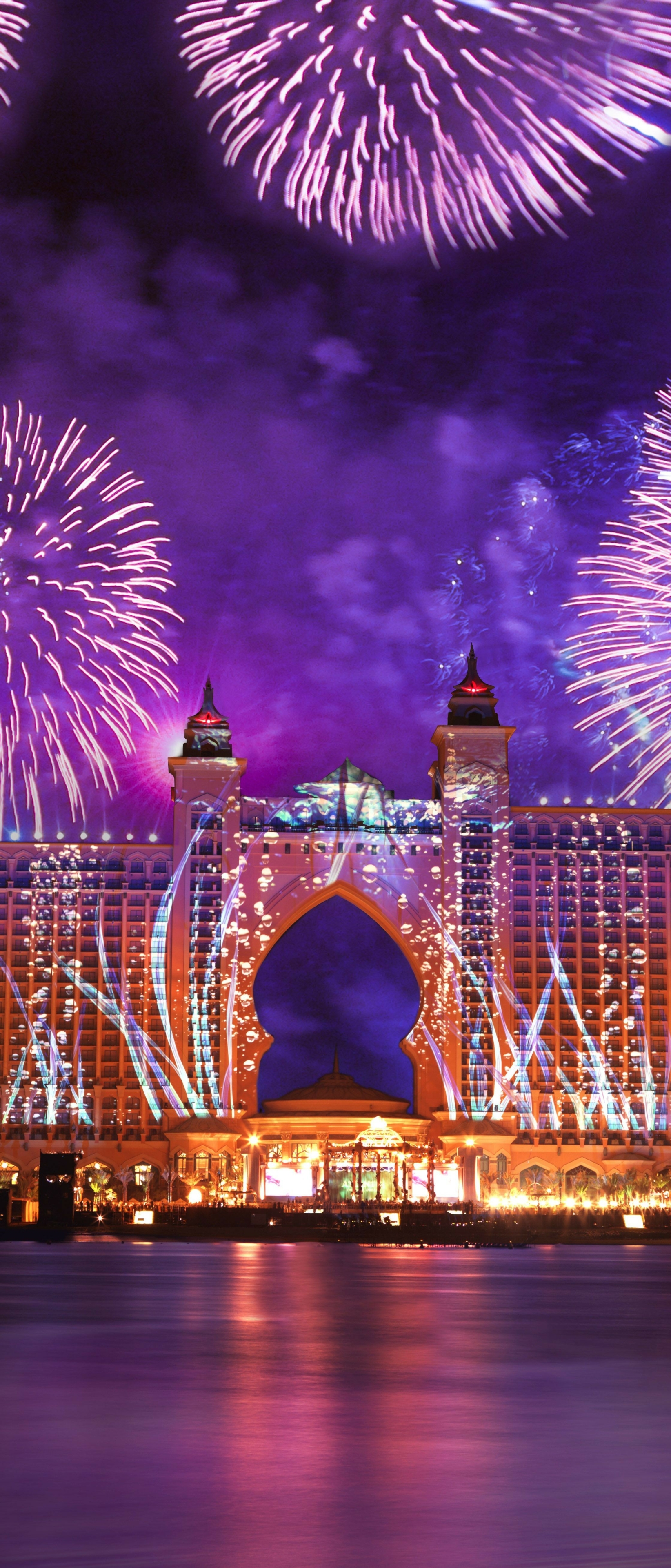 Handy-Wallpaper Licht, Dubai, Feuerwerk, Hotel, Nacht, Atlantis Hotel, Menschengemacht, Atlantis Die Palme kostenlos herunterladen.