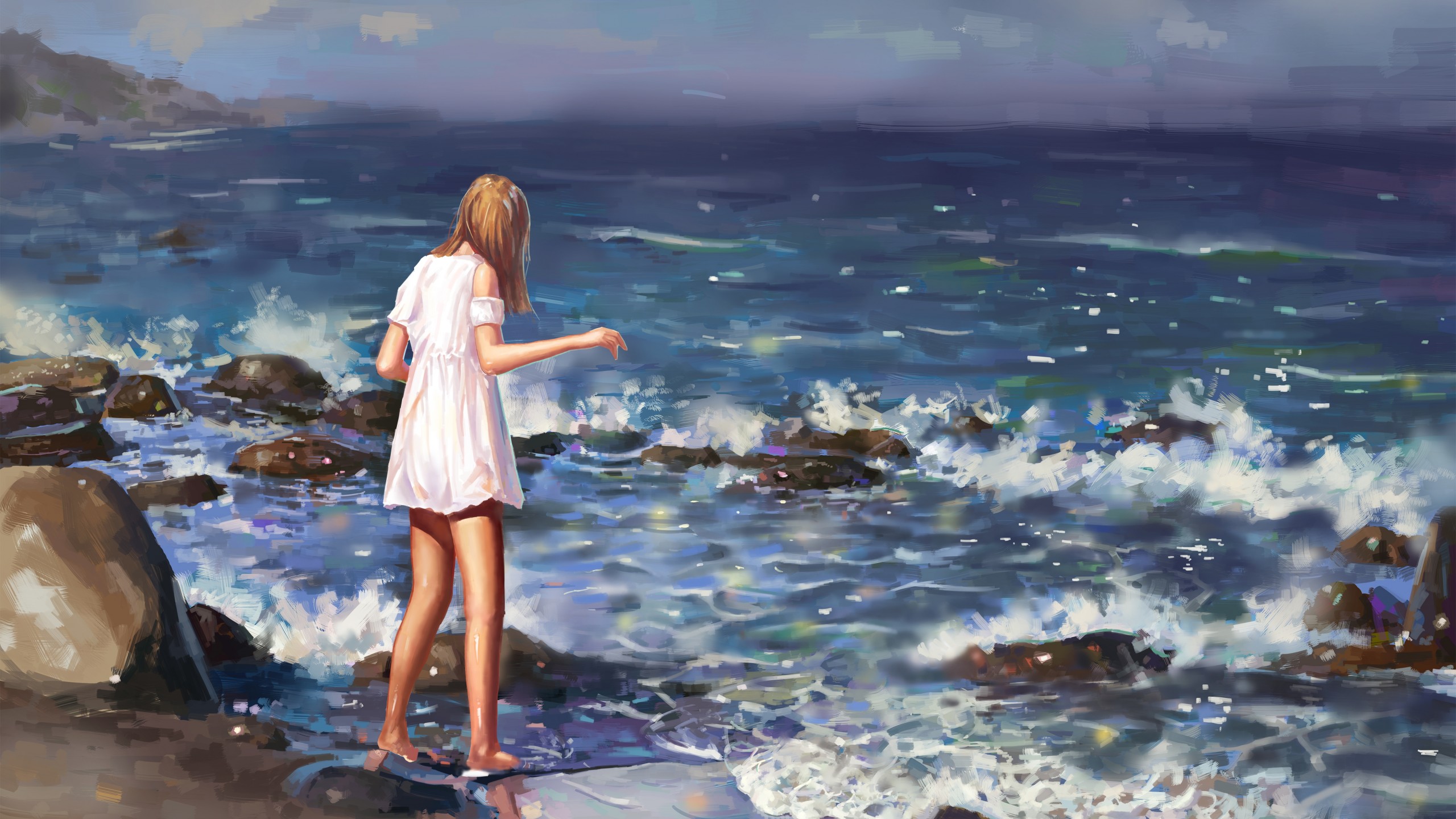 Download mobile wallpaper Anime, Sea, Summer, Painting, Wave, Dress, Original for free.