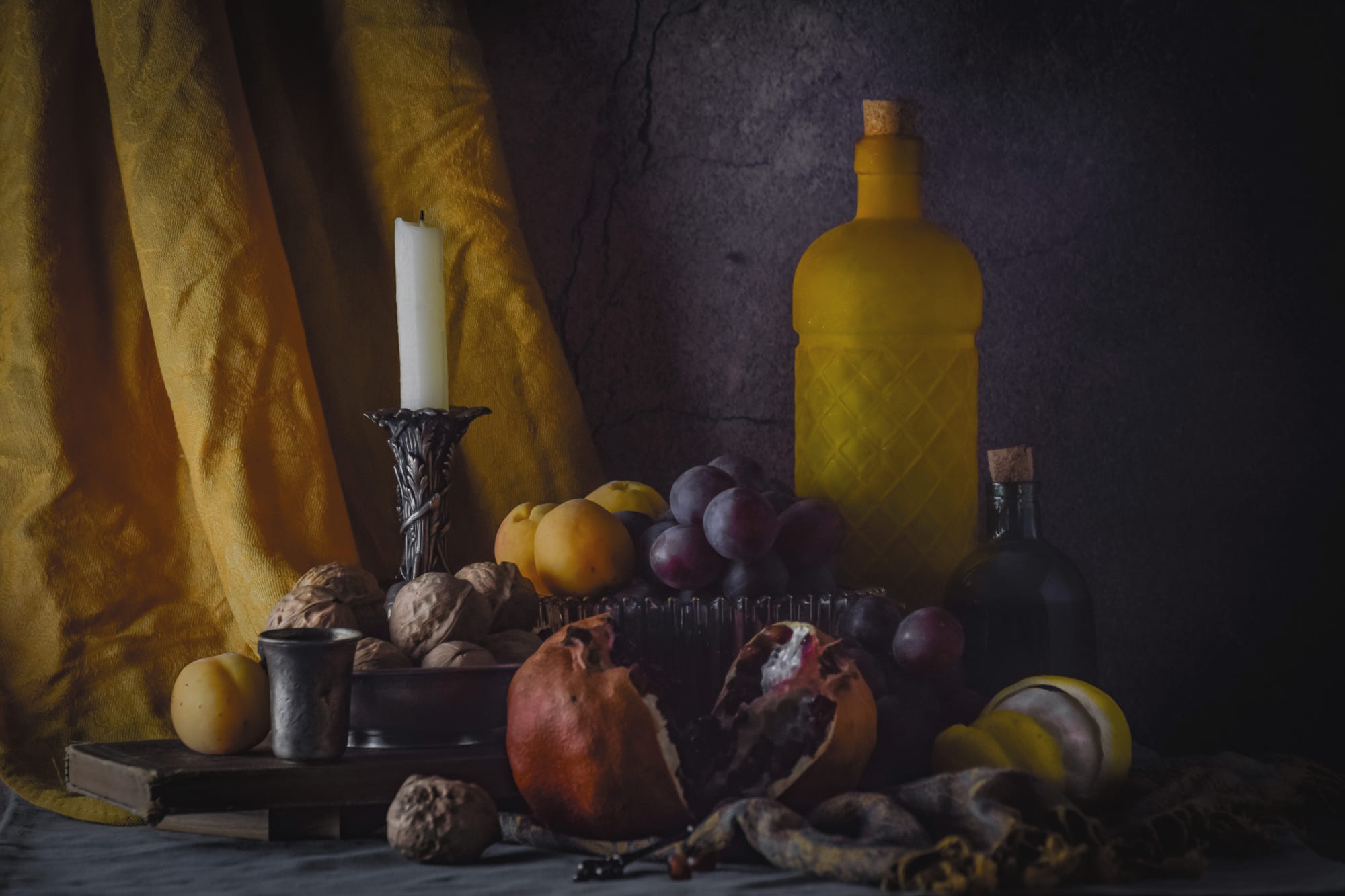 Download mobile wallpaper Grapes, Still Life, Fruit, Candle, Photography, Bottle for free.