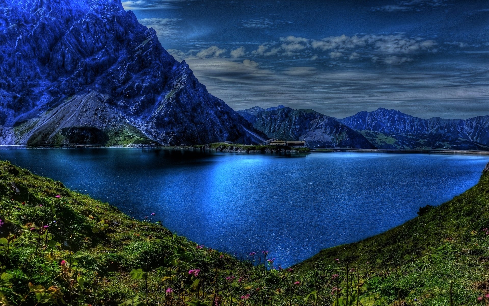 Download mobile wallpaper Landscape, Twilight, Lakes, Mountain, Lake, Flower, Earth, Dusk for free.