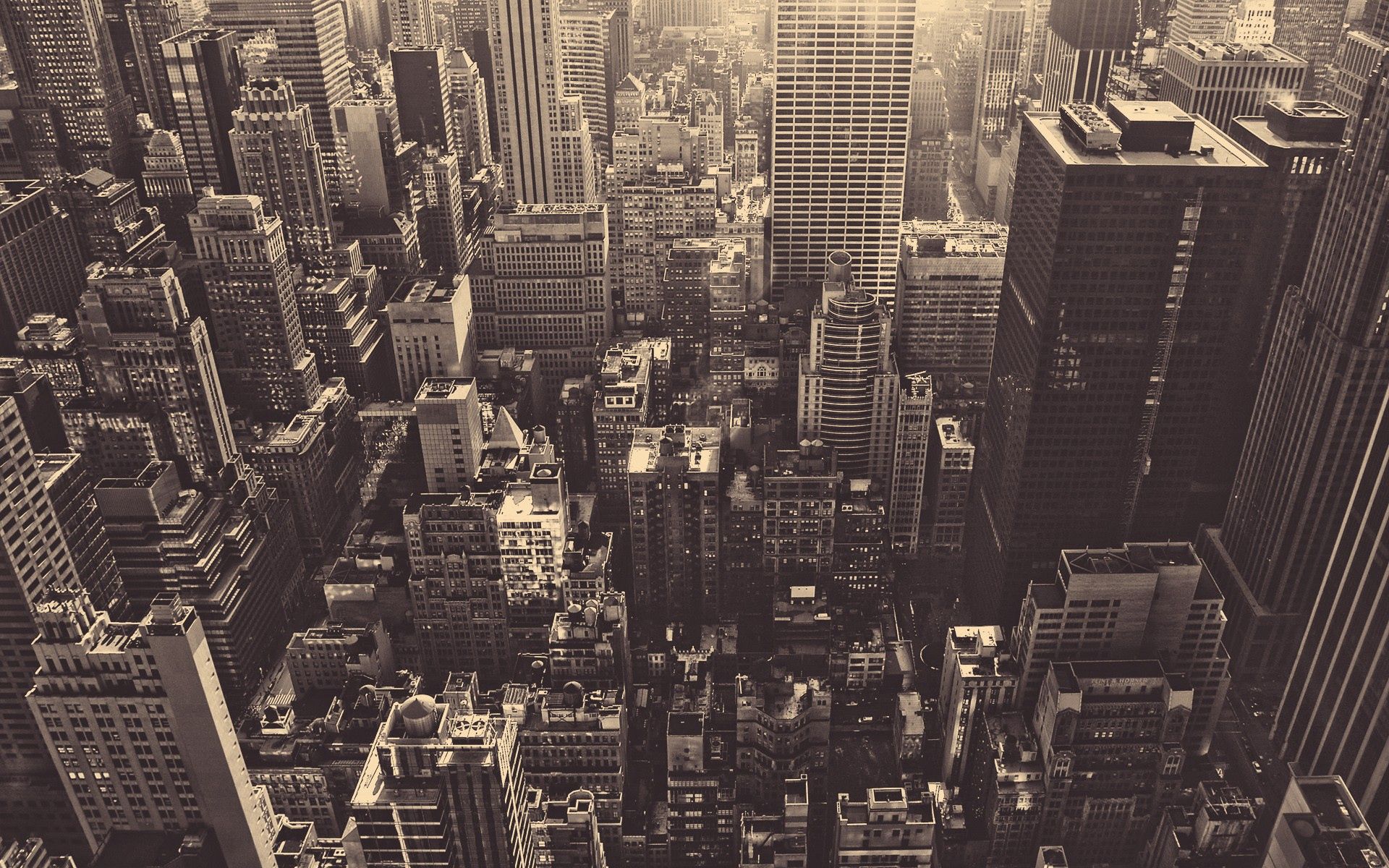 Скачать обои бесплатно Вид Сверху, Небоскребы, Мегаполис, Города, Чб, Нью Йорк картинка на рабочий стол ПК