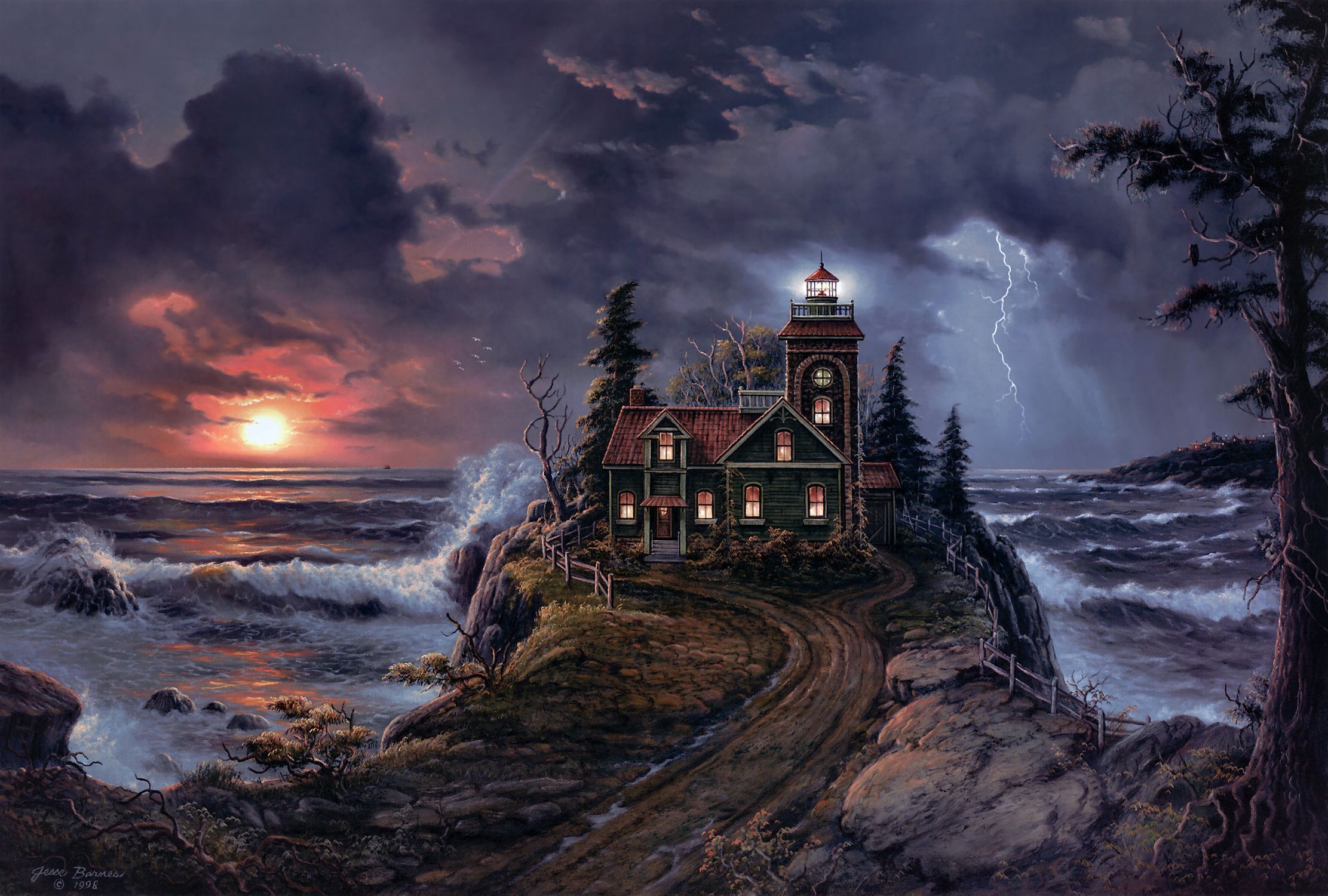 sunset, sea, road, landscape, lighthouse, artistic, coast, storm