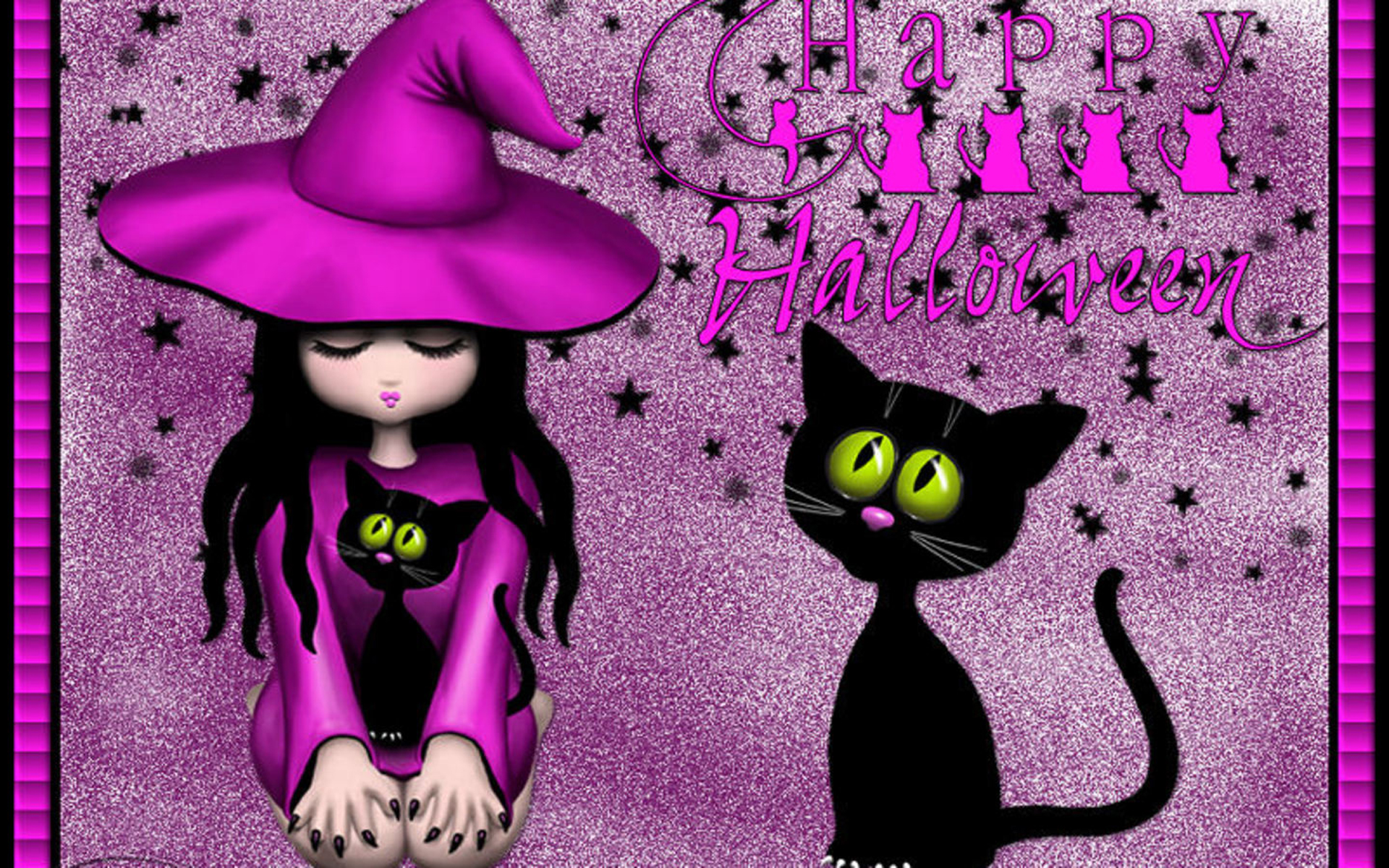 Download mobile wallpaper Halloween, Cat, Holiday, Purple, Witch, Happy Halloween for free.