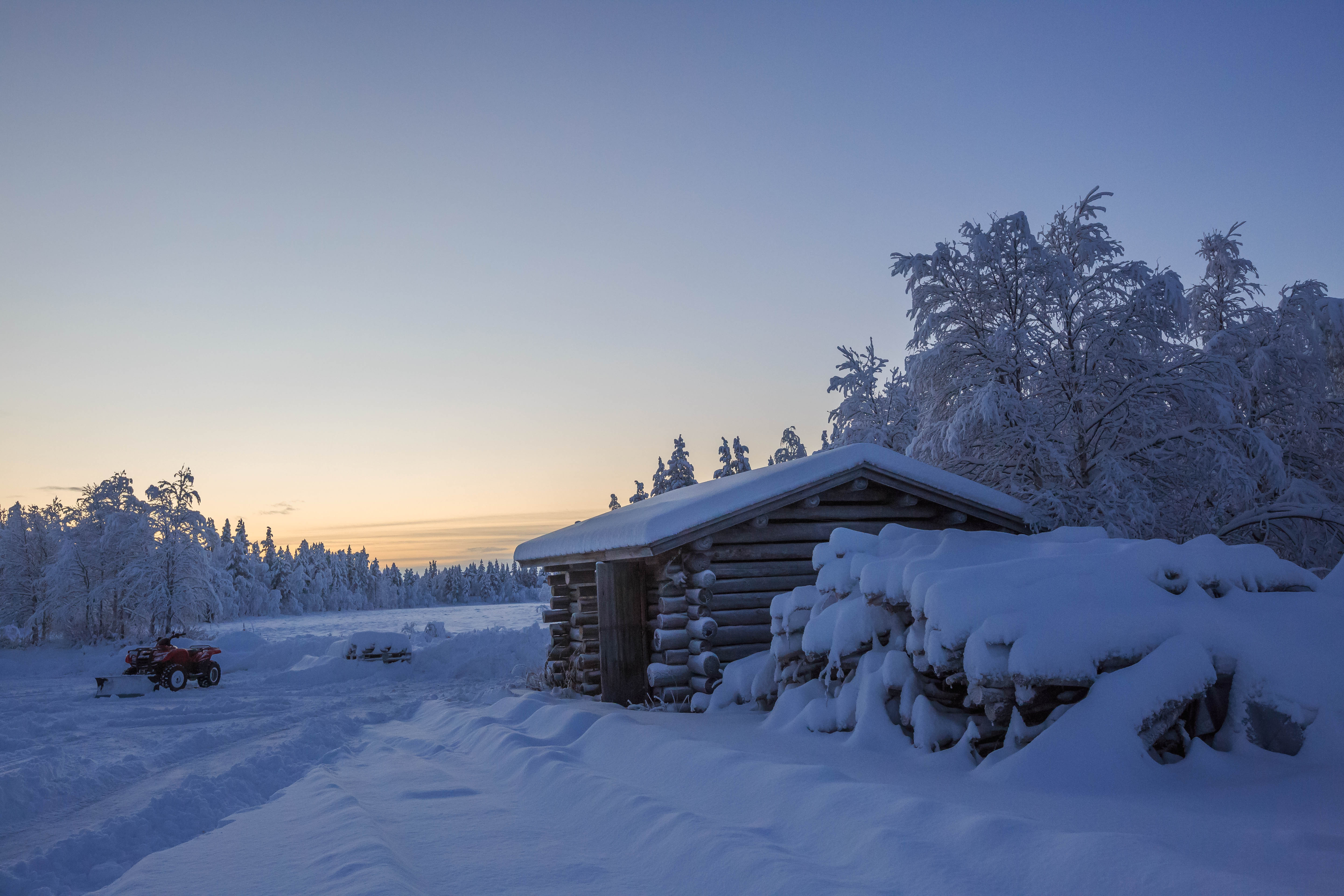 Download mobile wallpaper Winter, Snow, Sunrise, Hut, Cabin, Man Made for free.