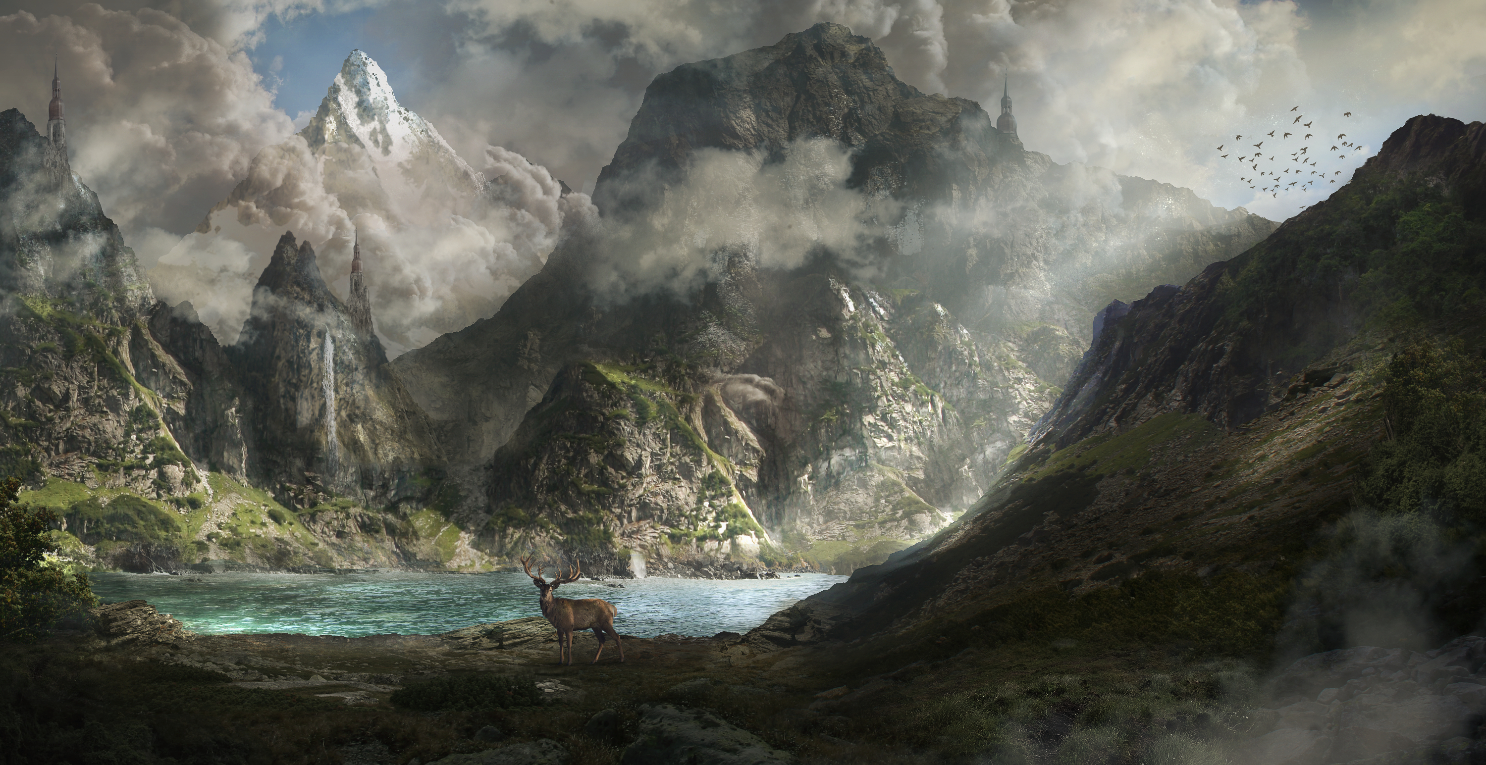 Free download wallpaper Landscape, Fantasy, Mountain, Deer on your PC desktop
