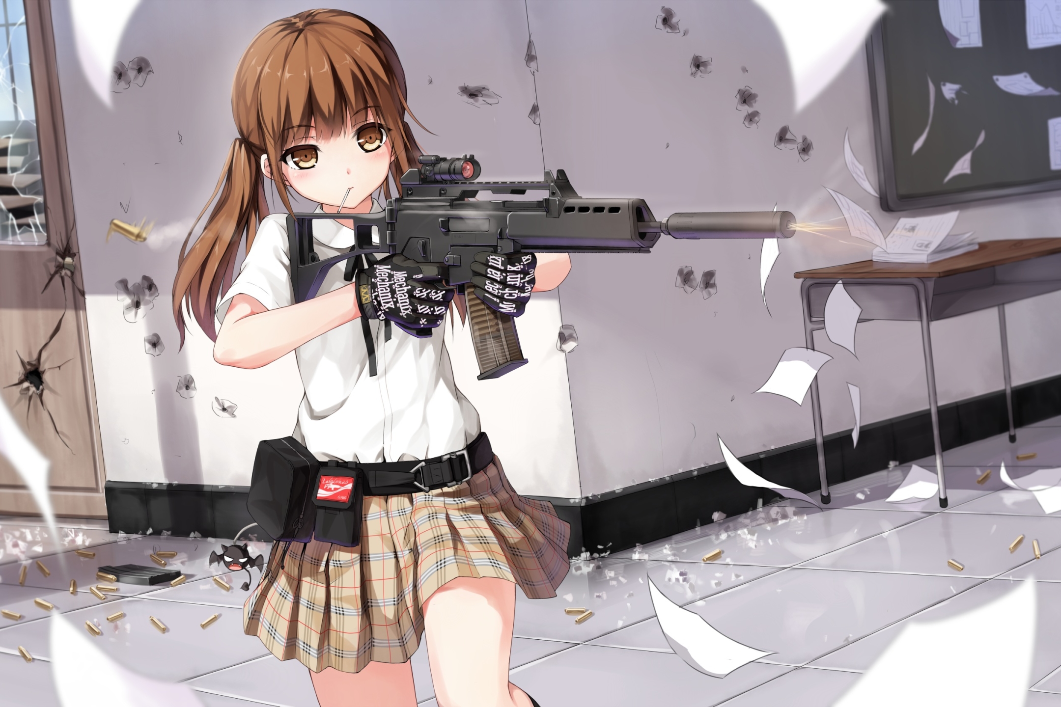 Free download wallpaper Anime, Girl, Skirt, Brown Eyes, Gun, Brown Hair, Rifle, Twintails on your PC desktop