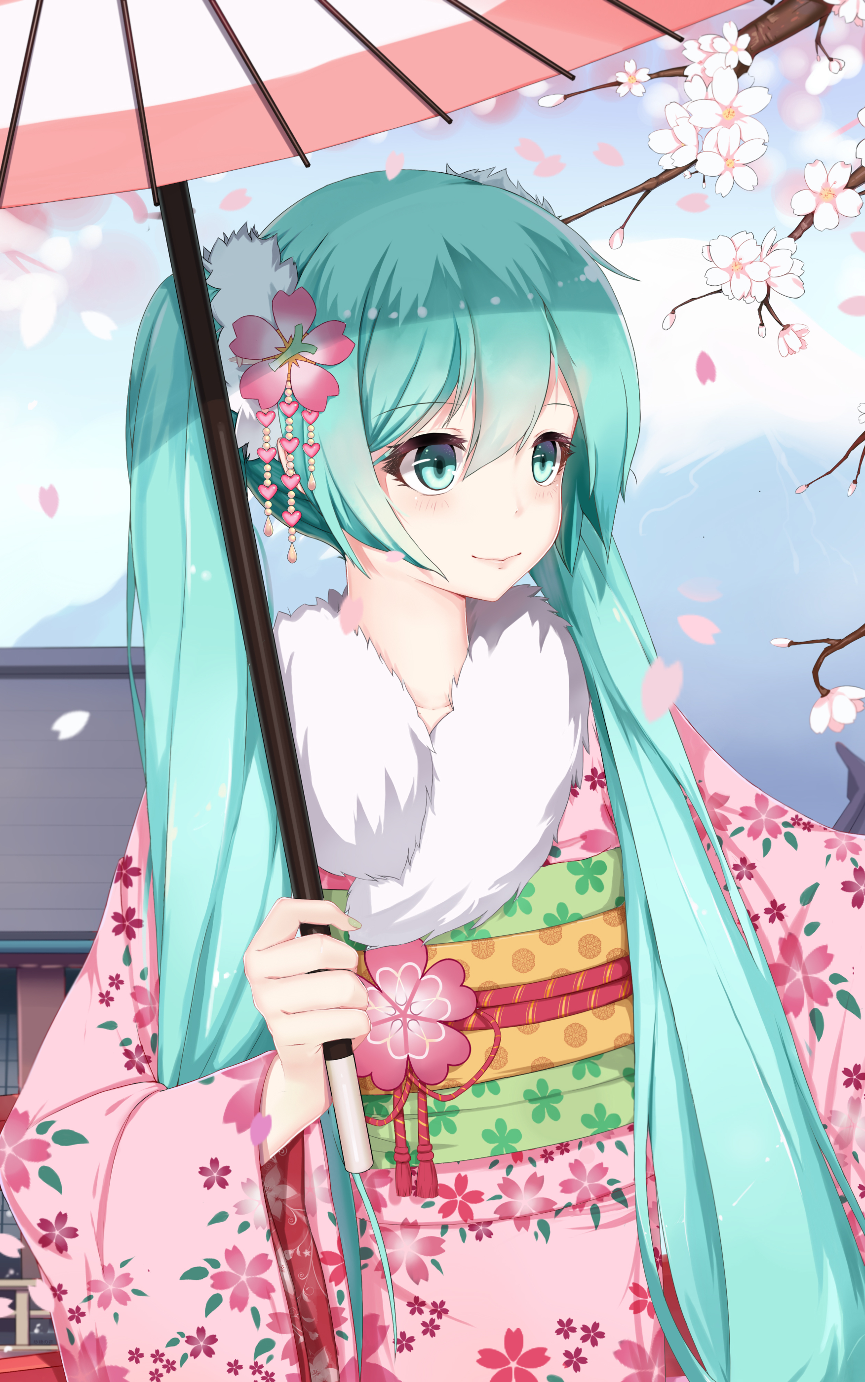 Download mobile wallpaper Anime, Vocaloid, Kimono, Blue Eyes, Blue Hair, Hatsune Miku, Twintails, Sakura Blossom for free.