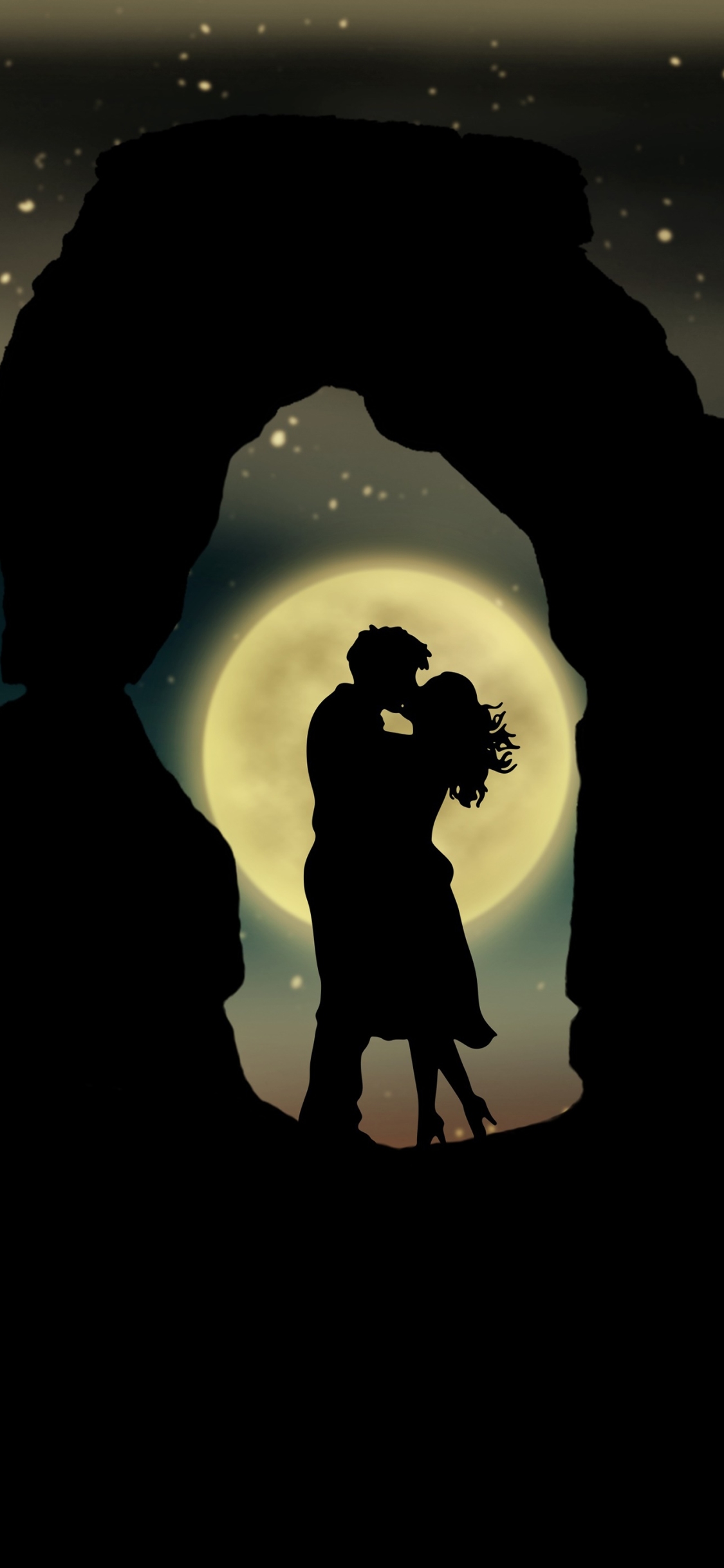 Download mobile wallpaper Stars, Moon, Love, Silhouette, Couple, Artistic, Full Moon for free.