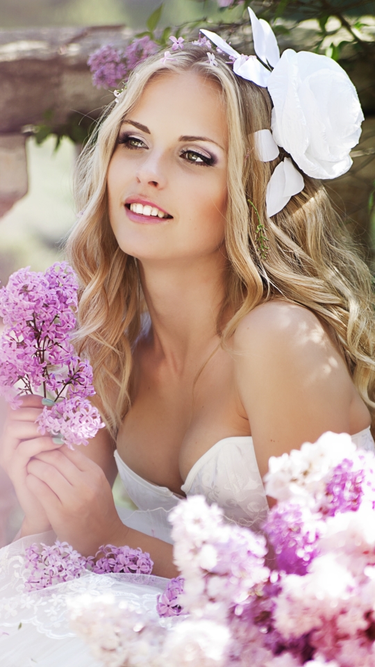 Download mobile wallpaper Lilac, Flower, Blonde, Dress, Bride, Women, Wedding Dress for free.