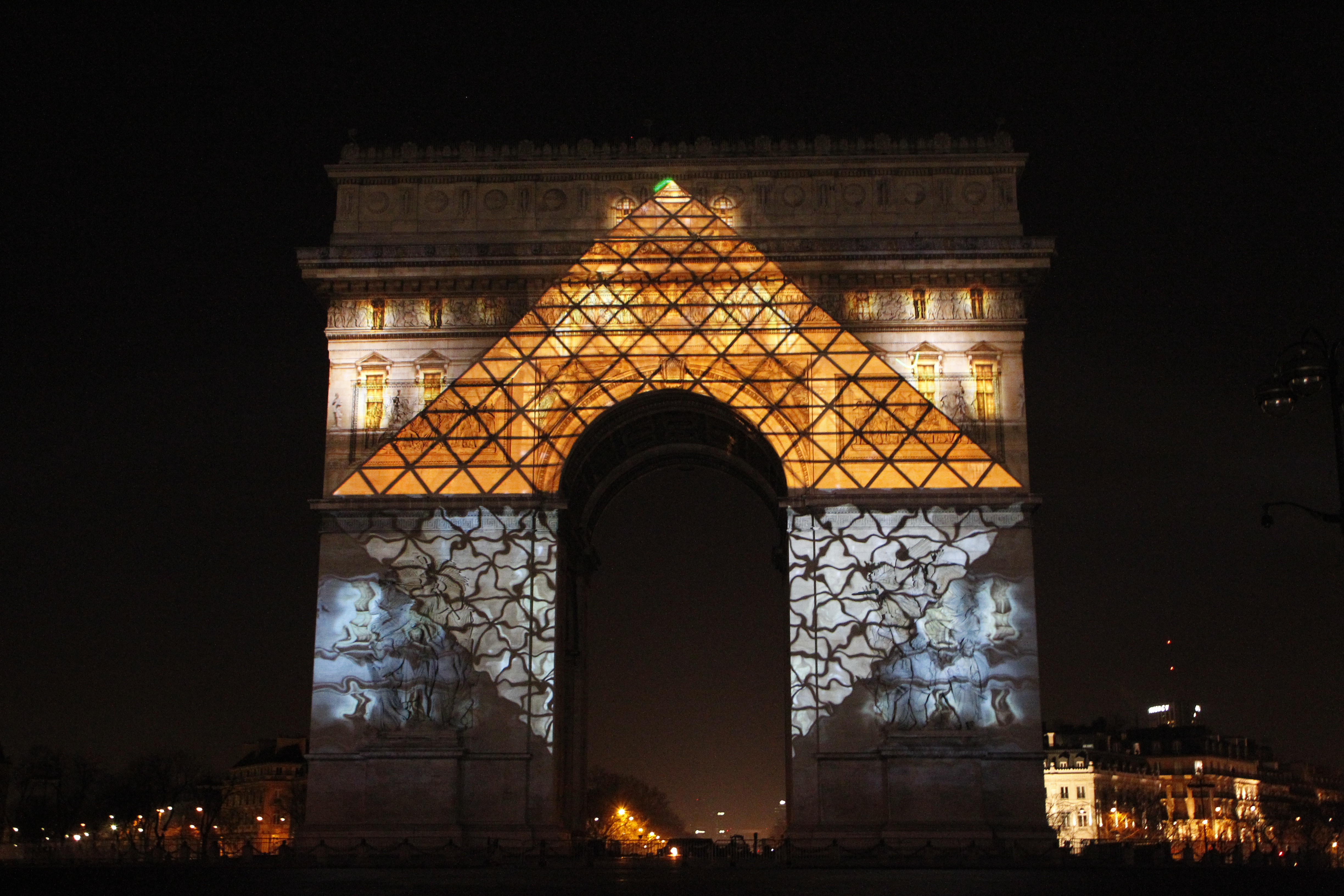 man made, arc de triomphe, france, light, monument, night, paris, pyramid, monuments