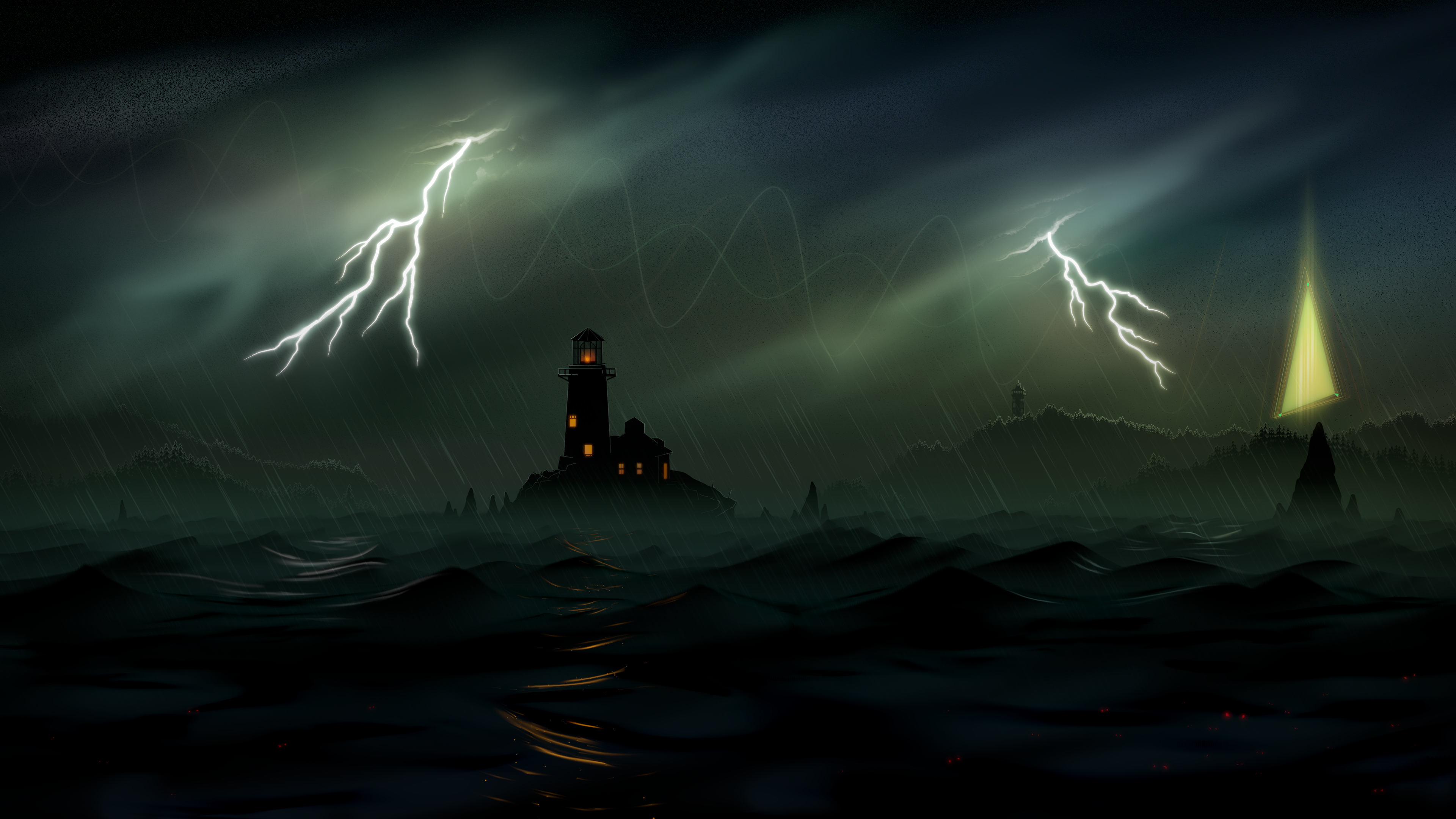 Download mobile wallpaper Fantasy, Lightning, Ocean, Lighthouse for free.